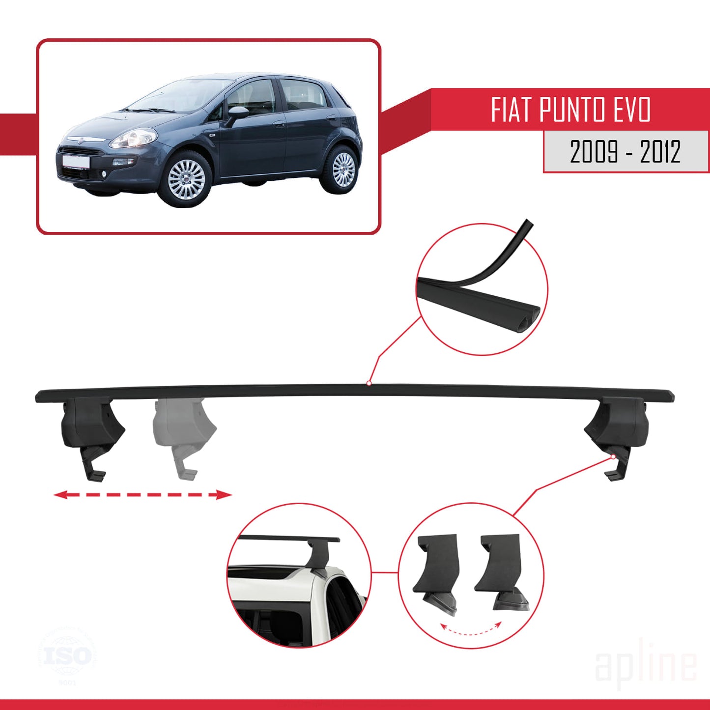 Compatible with Fiat Punto Evo (199) 2009-2012 ACE-4 Car Roof Rack Cross Bar Black Aluminium 2 Bars