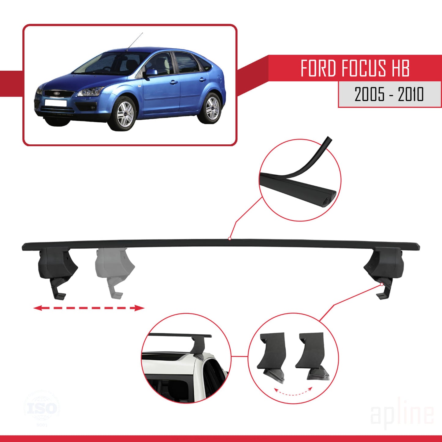 Compatible with Ford Focus 2 (C307) HB 2005-2010 ACE-4 Car Roof Rack Cross Bar Black Aluminium 2 Bars