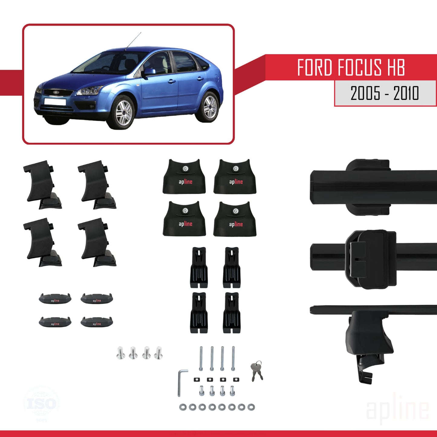 Compatible with Ford Focus 2 (C307) HB 2005-2010 ACE-4 Car Roof Rack Cross Bar Black Aluminium 2 Bars