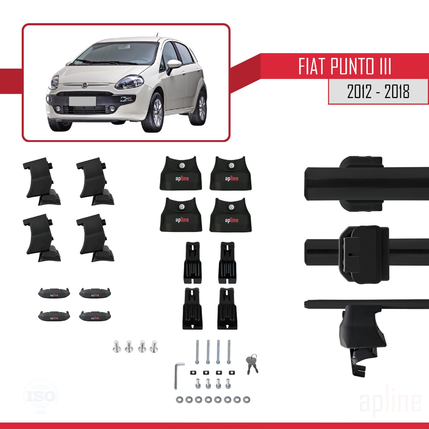 Compatible with Fiat Punto 3 (199) 2012-2018 ACE-4 Car Roof Rack Cross Bar Black Aluminium 2 Bars