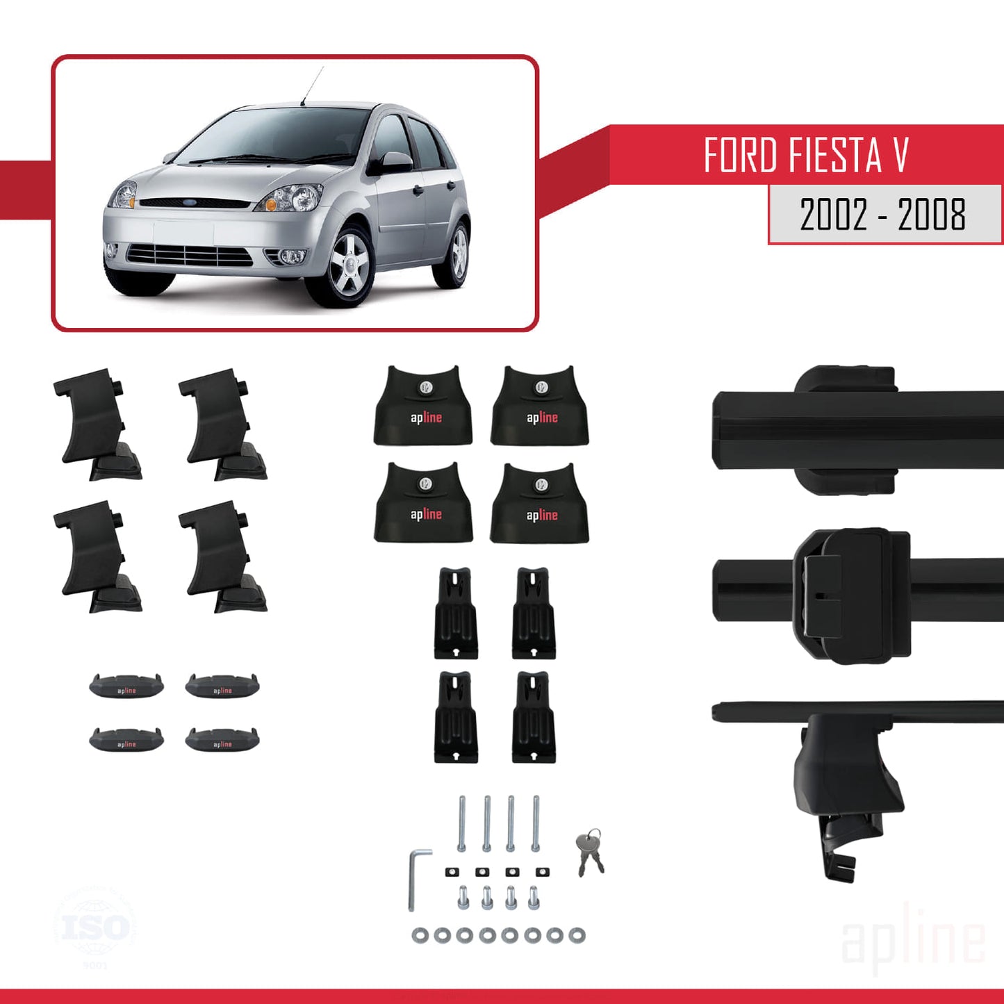 Compatible with Ford Fiesta 5 2002-2008 ACE-4 Car Roof Rack Cross Bar Black Aluminium 2 Bars