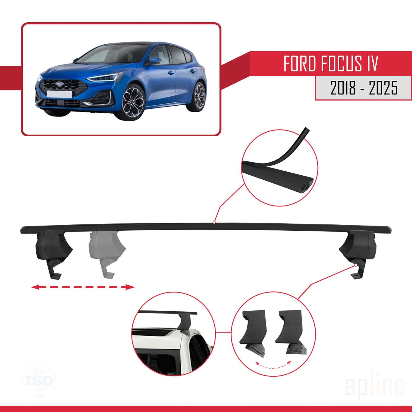 Compatible with Ford Focus 4 (C519) 2018-2025 ACE-4 Car Roof Rack Cross Bar Black Aluminium 2 Bars