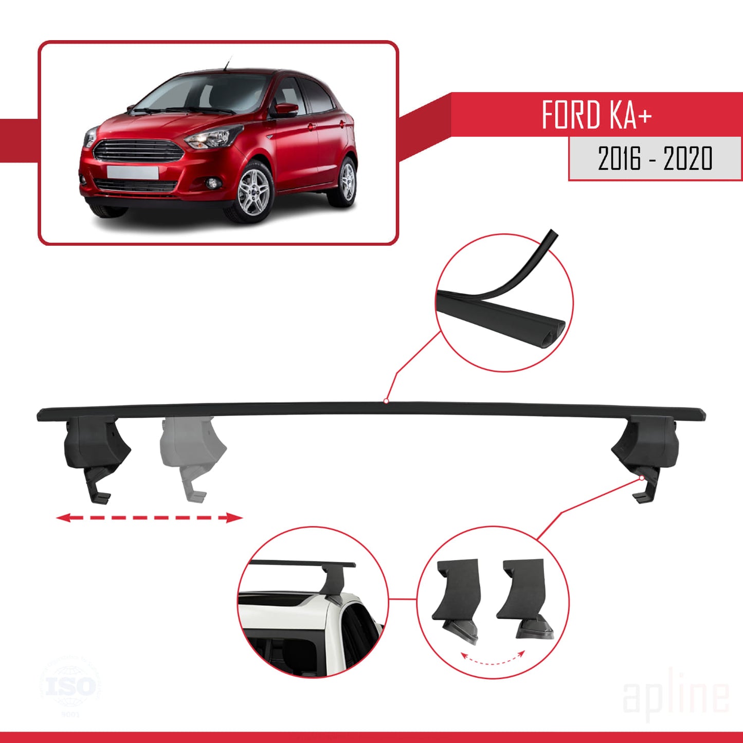 Compatible with Ford Ka+ 2016-2020 ACE-4 Car Roof Rack Cross Bar Black Aluminium 2 Bars