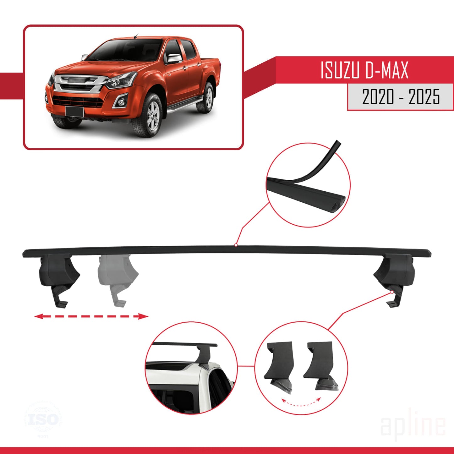 Compatible with Isuzu D-Max 3 (RG01) 2020-2025 ACE-4 Car Roof Rack Cross Bar Black Aluminium 2 Bars