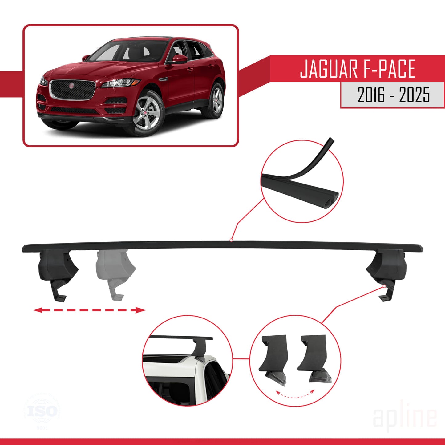 Compatible with Jaguar F-Pace (X761) 2016-2025 ACE-4 Car Roof Rack Cross Bar Black Aluminium 2 Bars