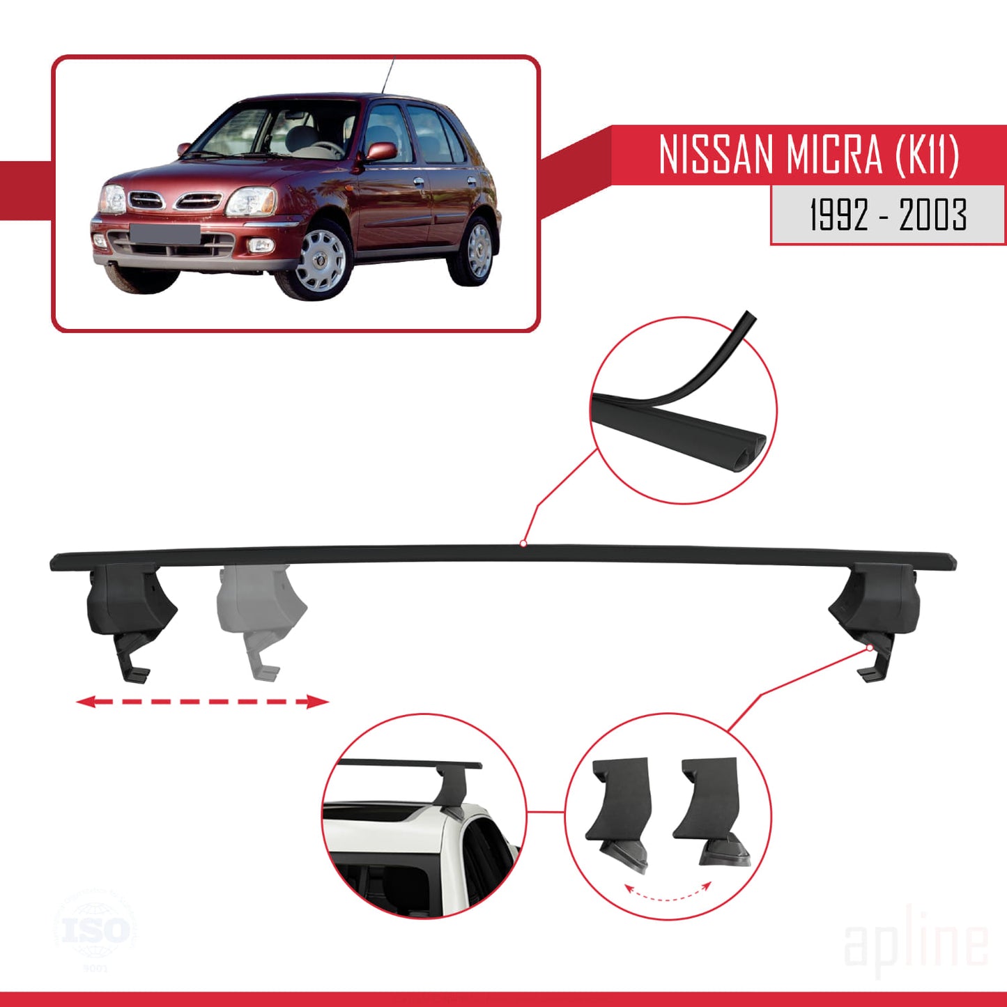 Compatible with Nissan Micra 2 (K11) 1992-2003 ACE-4 Car Roof Rack Cross Bar Black Aluminium 2 Bars
