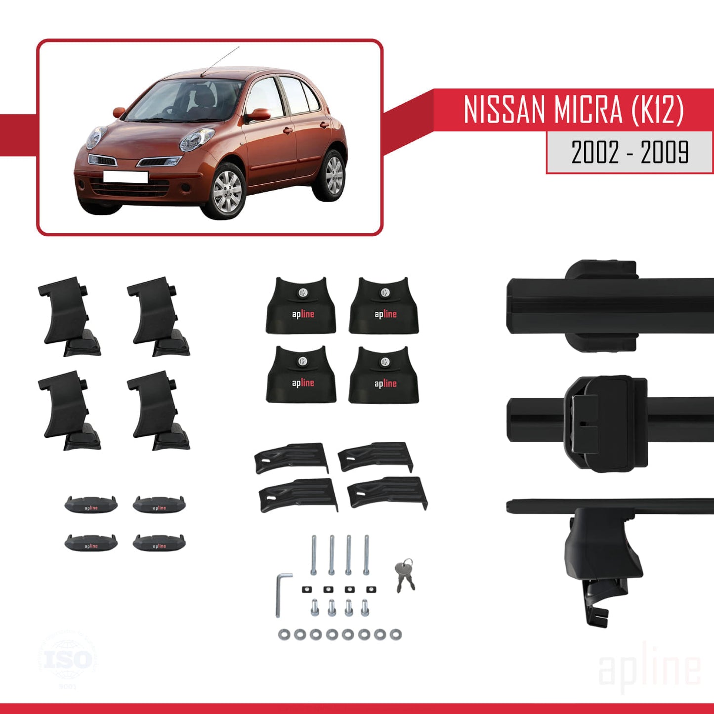 Compatible with Nissan Micra 3 (K12) 2002-2009 ACE-4 Car Roof Rack Cross Bar Black Aluminium 2 Bars