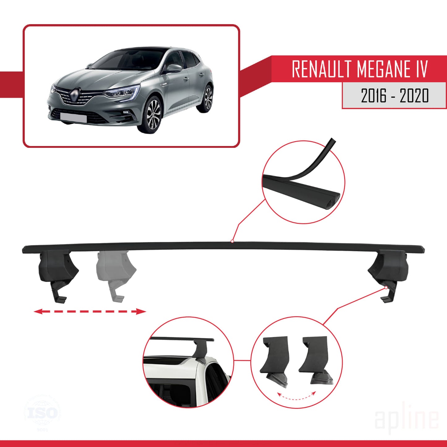 Compatible with Renault Megane 4 (BFB) Pre-Facelift 2016-2020 ACE-4 Car Roof Rack Cross Bar Black Aluminium 2 Bars