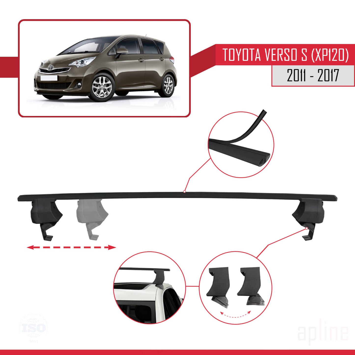 Compatible with Toyota Verso S (XP120) 2011-2017 ACE-4 Car Roof Rack Cross Bar Black Aluminium 2 Bars