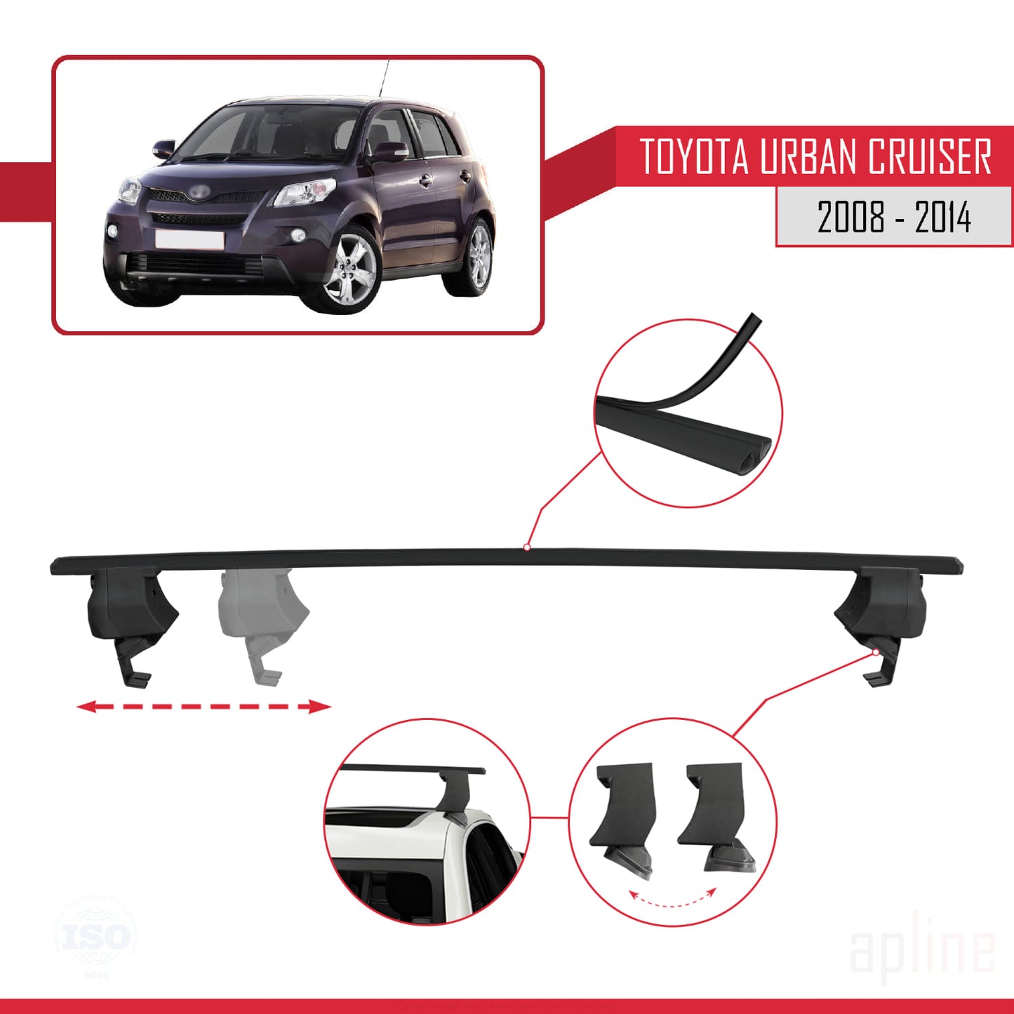 Compatible with Toyota Urban Cruiser 2008-2014 ACE-4 Car Roof Rack Cross Bar Black Aluminium 2 Bars