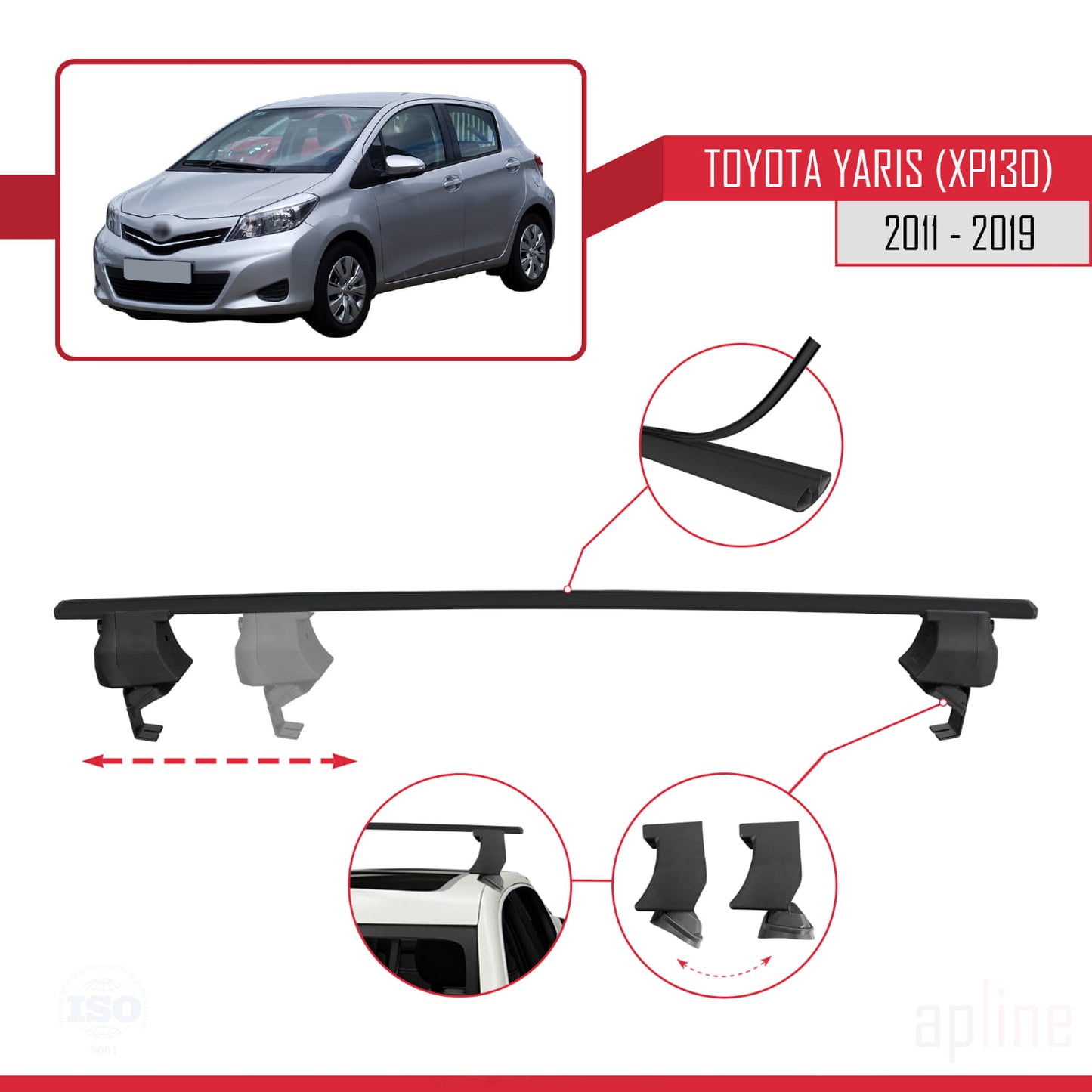 Compatible with Toyota Yaris 3 (XP130) 2011-2019 ACE-4 Car Roof Rack Cross Bar Black Aluminium 2 Bars