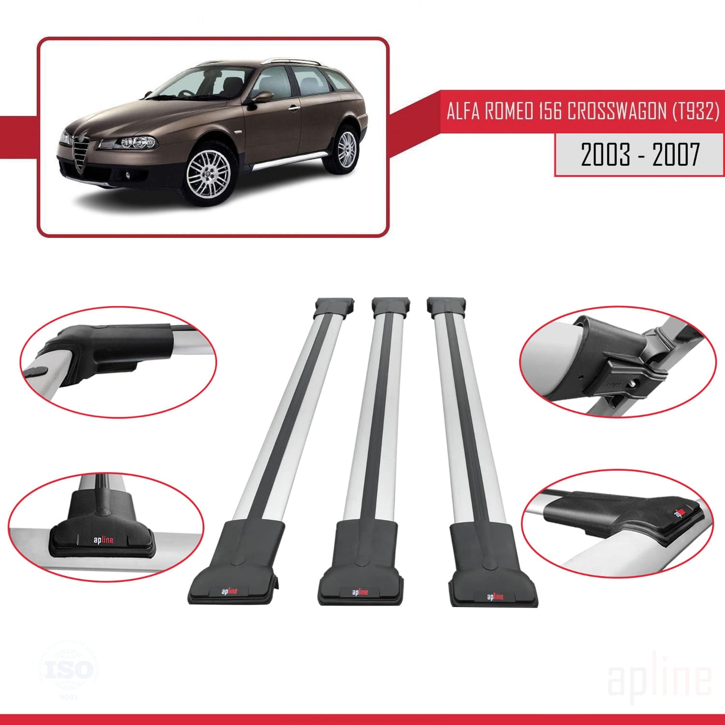 Compatible with Alfa Romeo 156 (T932) Crosswagon 2003-2007 FLY Model Car Roof Rack Cross Bar Grey Aluminium 3 Bars