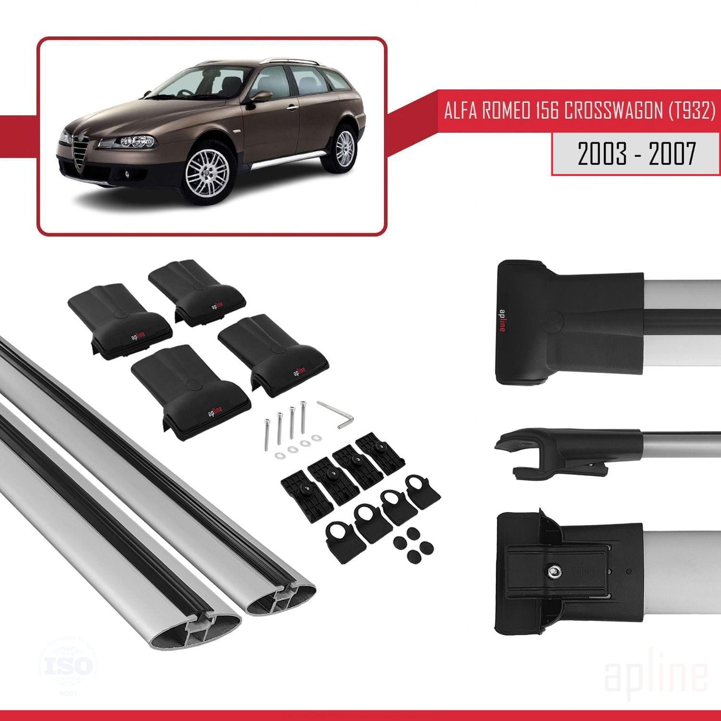 Compatible with Alfa Romeo 156 (T932) Crosswagon 2003-2007 FLY Model Car Roof Rack Cross Bar Grey Aluminium 2 Bars