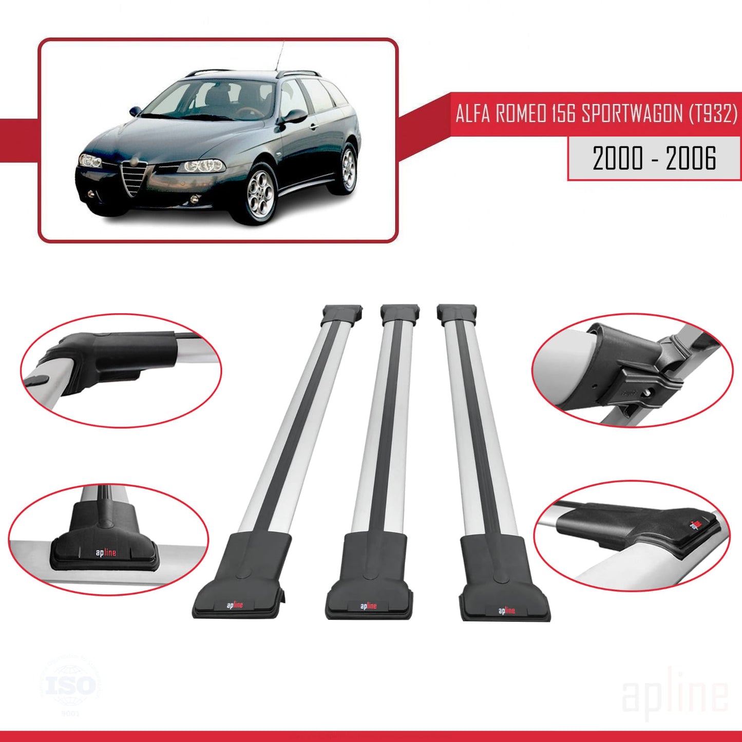 Compatible with Alfa Romeo 156 (T932) SW 2000-2006 FLY Model Car Roof Rack Cross Bar Grey Aluminium 3 Bars