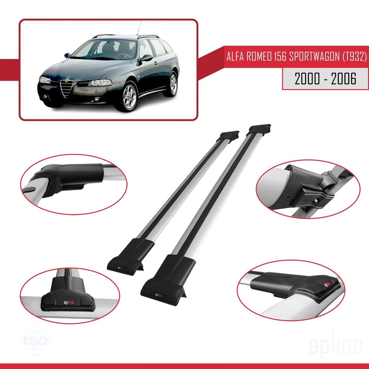 Compatible with Alfa Romeo 156 (T932) SW 2000-2006 FLY Model Car Roof Rack Cross Bar Grey Aluminium 2 Bars