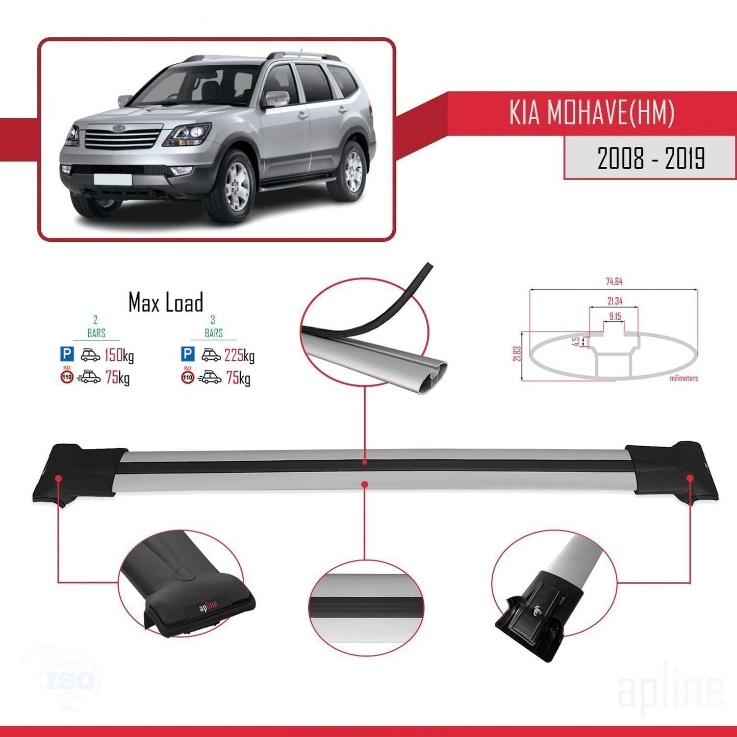 Compatible with Kia Mohave (HM) 2008-2019 FLY Model Car Roof Rack Cross Bar Grey Aluminium 2 Bars