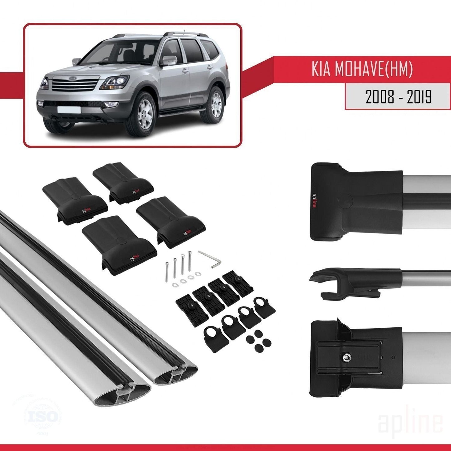 Compatible with Kia Mohave (HM) 2008-2019 FLY Model Car Roof Rack Cross Bar Grey Aluminium 2 Bars