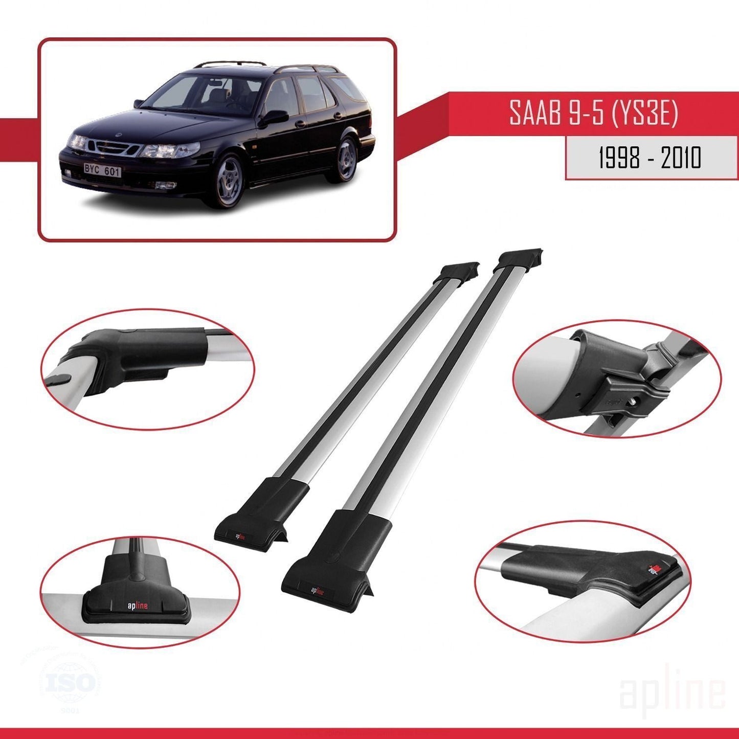 Compatible with Saab 9-5 (YS3E) SW 1998-2010 FLY Model Car Roof Rack Cross Bar Grey Aluminium 2 Bars