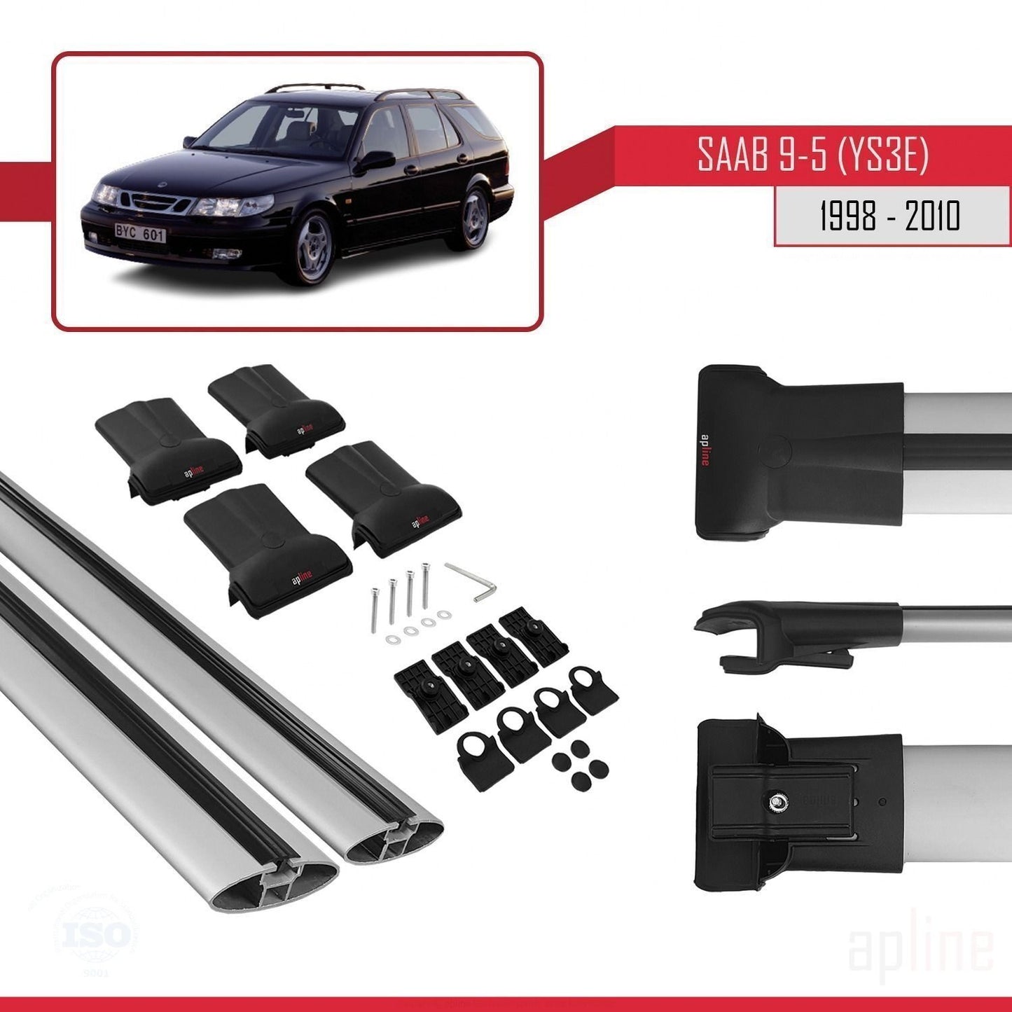 Compatible with Saab 9-5 (YS3E) SW 1998-2010 FLY Model Car Roof Rack Cross Bar Grey Aluminium 2 Bars