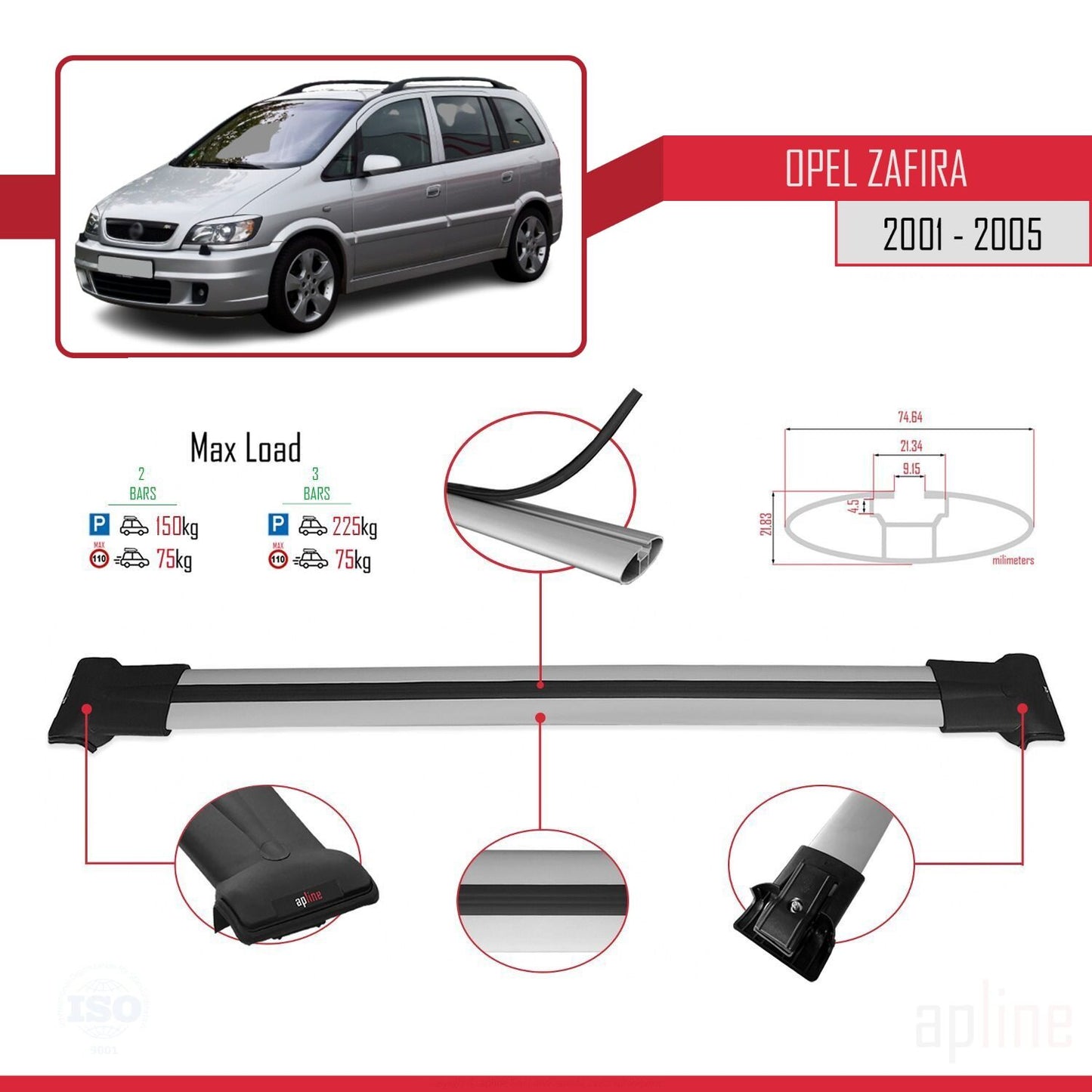 Compatible with Opel Zafira A (T98) 2001-2005 FLY Model Car Roof Rack Cross Bar Grey Aluminium 2 Bars