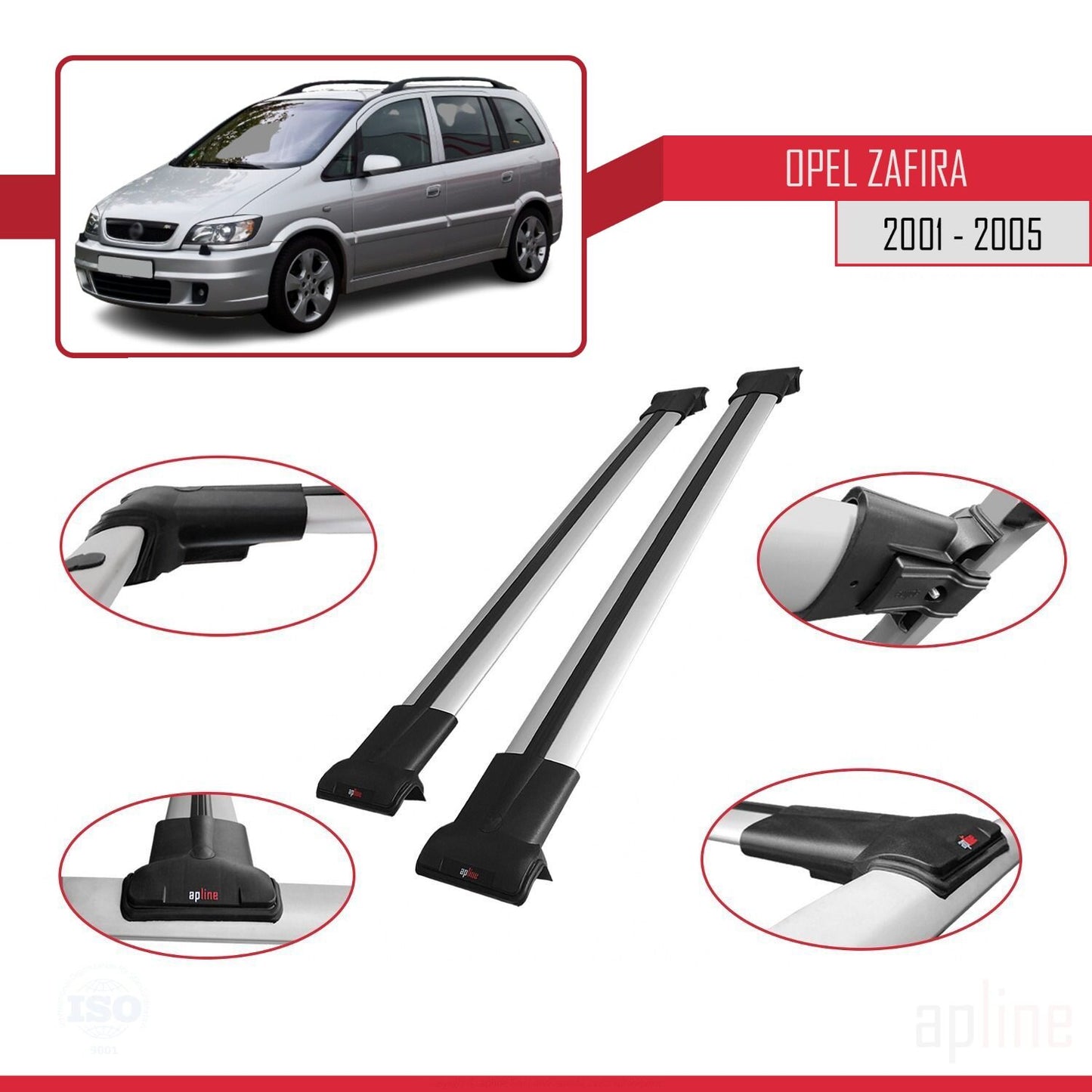Compatible with Opel Zafira A (T98) 2001-2005 FLY Model Car Roof Rack Cross Bar Grey Aluminium 2 Bars