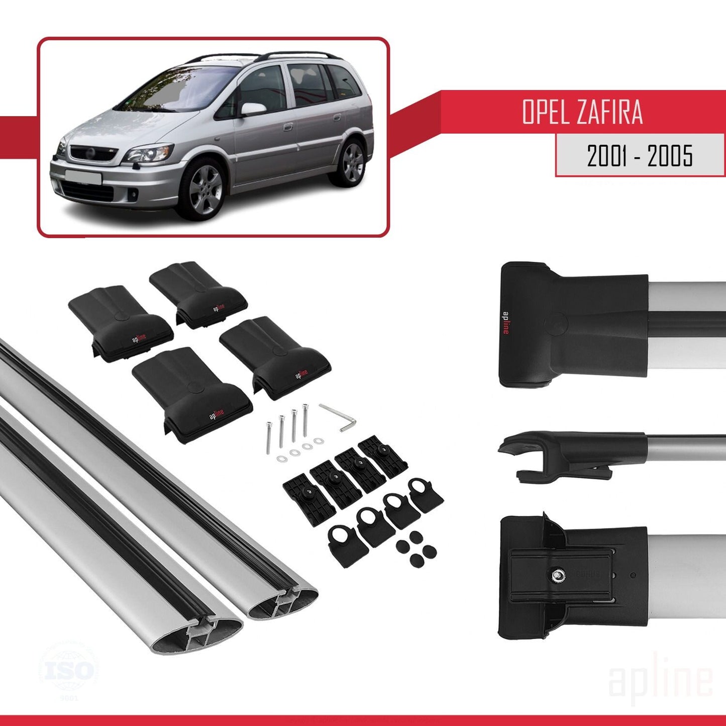 Compatible with Opel Zafira A (T98) 2001-2005 FLY Model Car Roof Rack Cross Bar Grey Aluminium 2 Bars