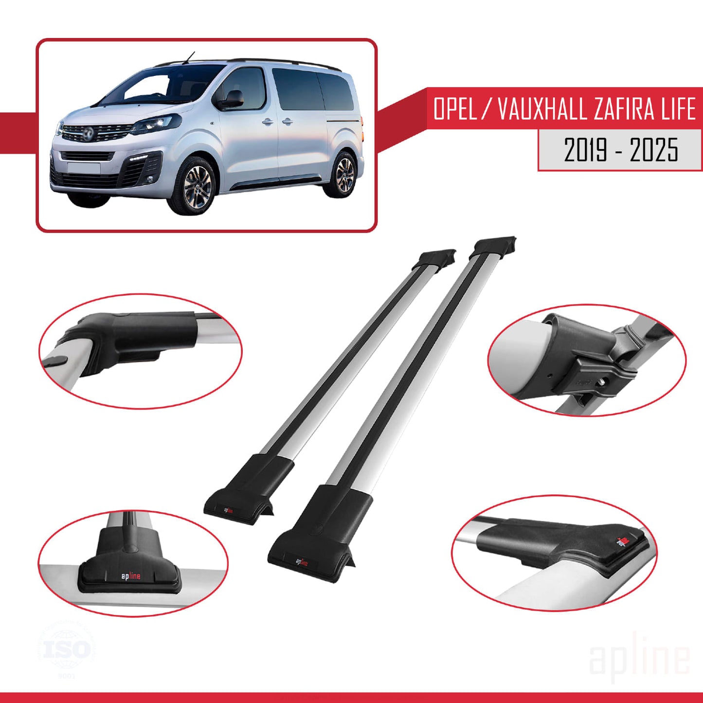 Compatible with Opel Zafira Life 2019-2025 FLY Model Car Roof Rack Cross Bar Grey Aluminium 2 Bars