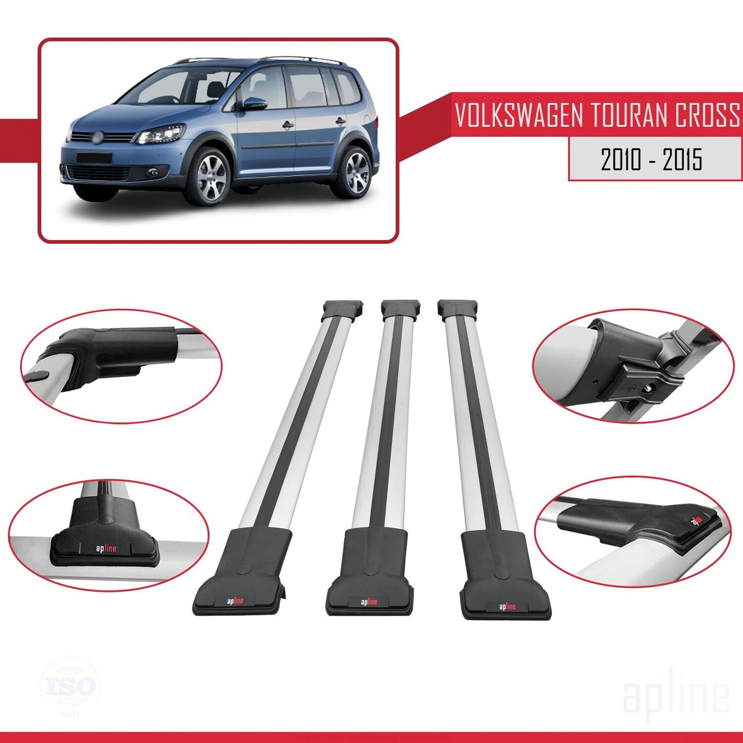 Compatible with Volkswagen Touran Cross Post-Facelift 2010-2015 FLY Model Car Roof Rack Cross Bar Grey Aluminium 3 Bars