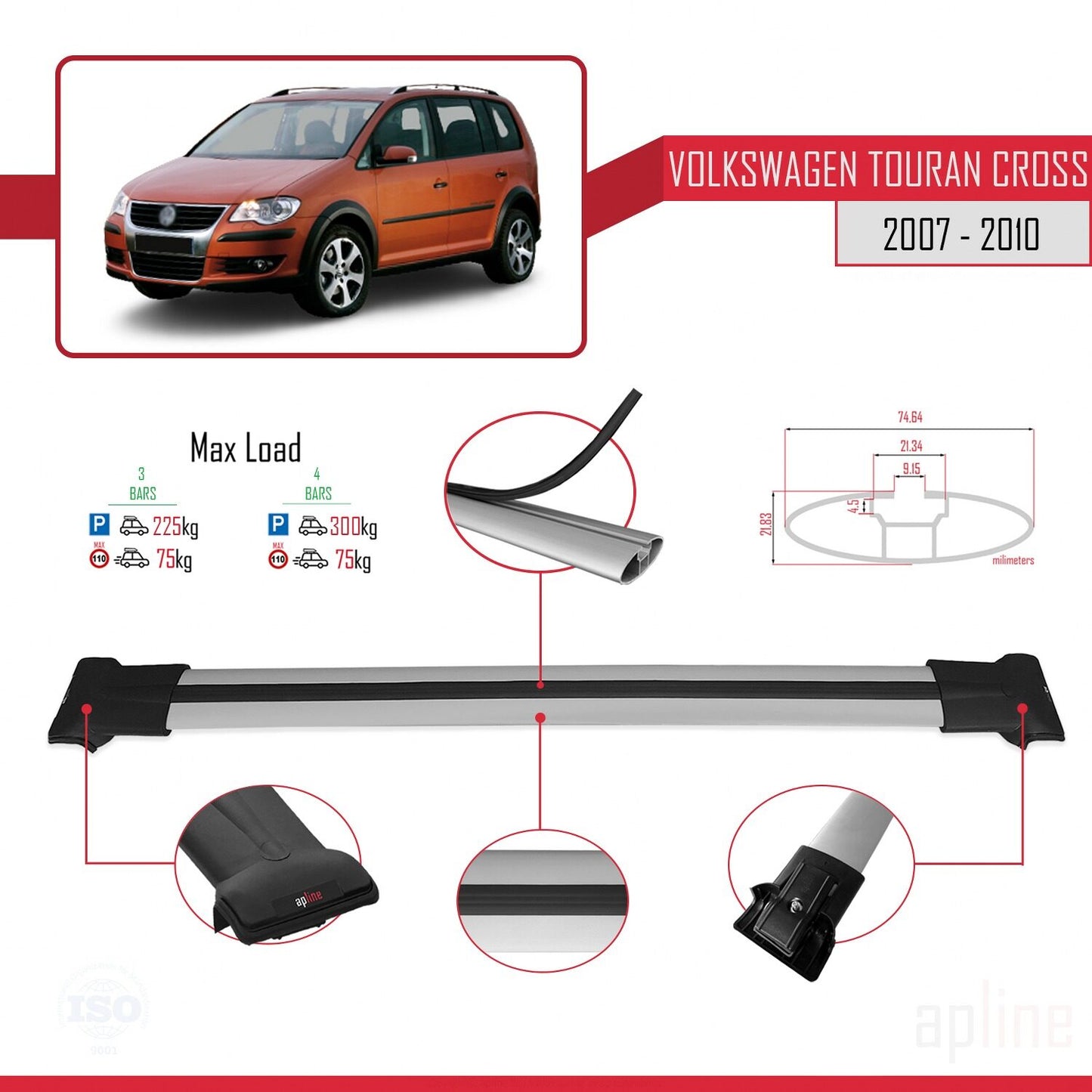 Compatible with Volkswagen Touran Cross Pre-Facelift 2007-2010 FLY Model Car Roof Rack Cross Bar Grey Aluminium 3 Bars