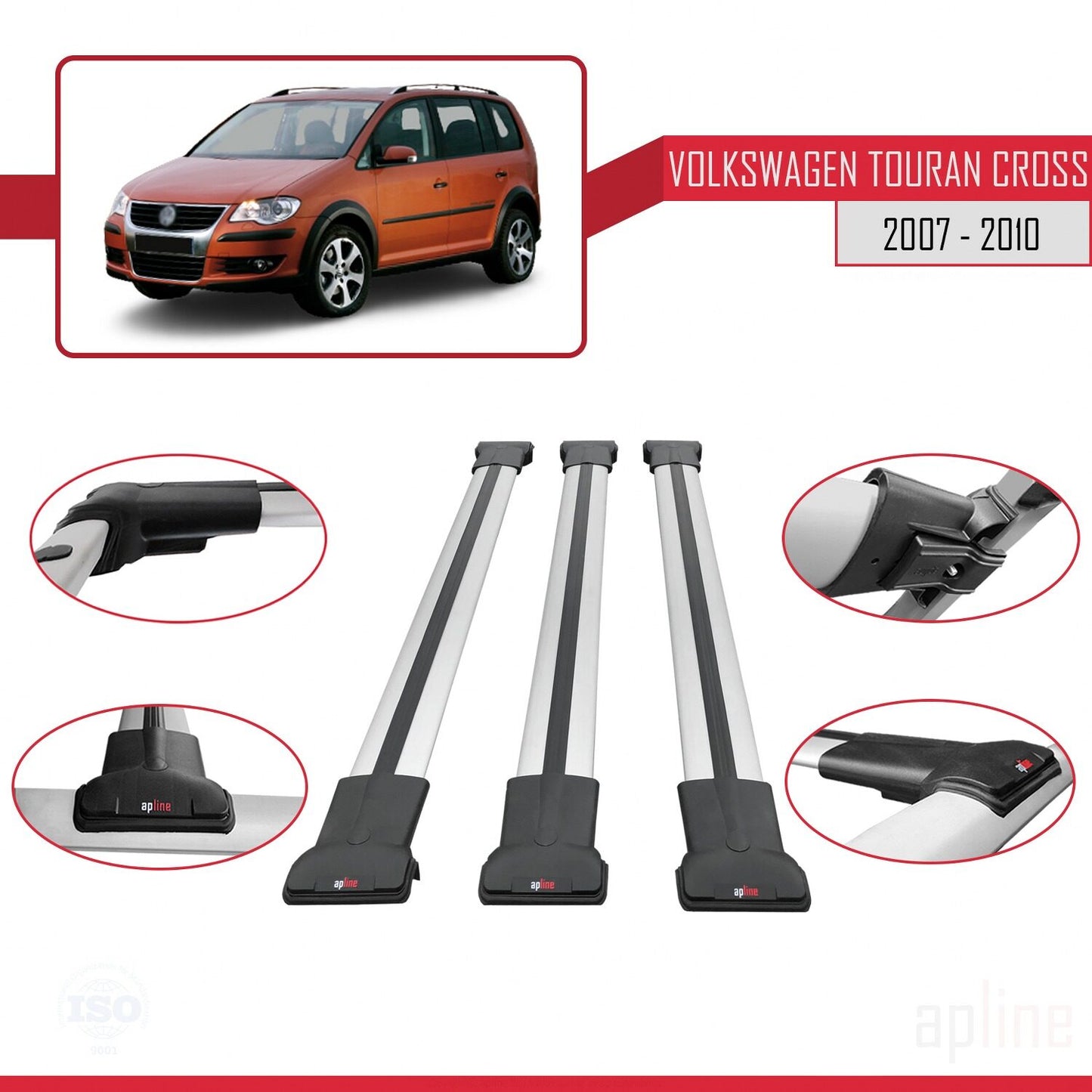 Compatible with Volkswagen Touran Cross Pre-Facelift 2007-2010 FLY Model Car Roof Rack Cross Bar Grey Aluminium 3 Bars