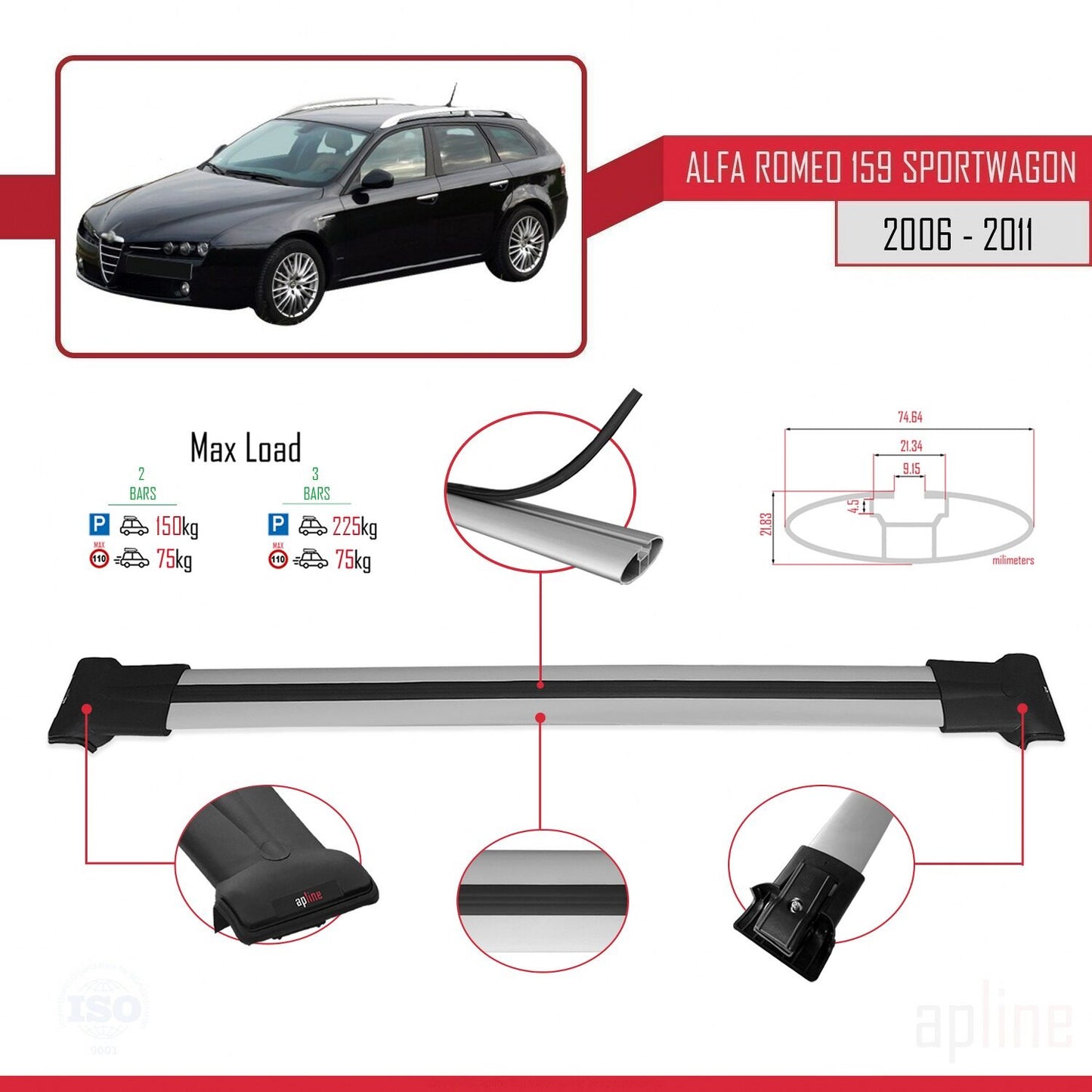 Compatible with Alfa Romeo 159 (T939) SW 2006-2011 FLY Model Car Roof Rack Cross Bar Grey Aluminium 2 Bars