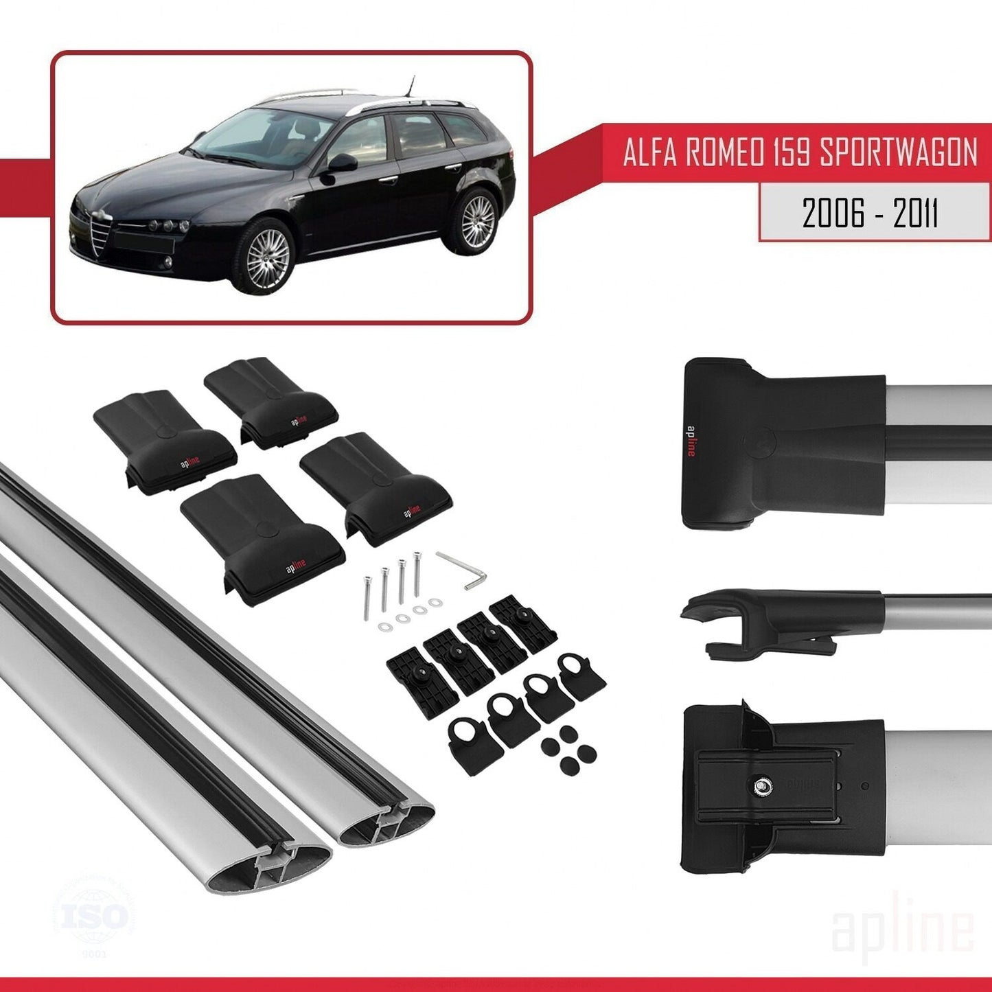 Compatible with Alfa Romeo 159 (T939) SW 2006-2011 FLY Model Car Roof Rack Cross Bar Grey Aluminium 2 Bars