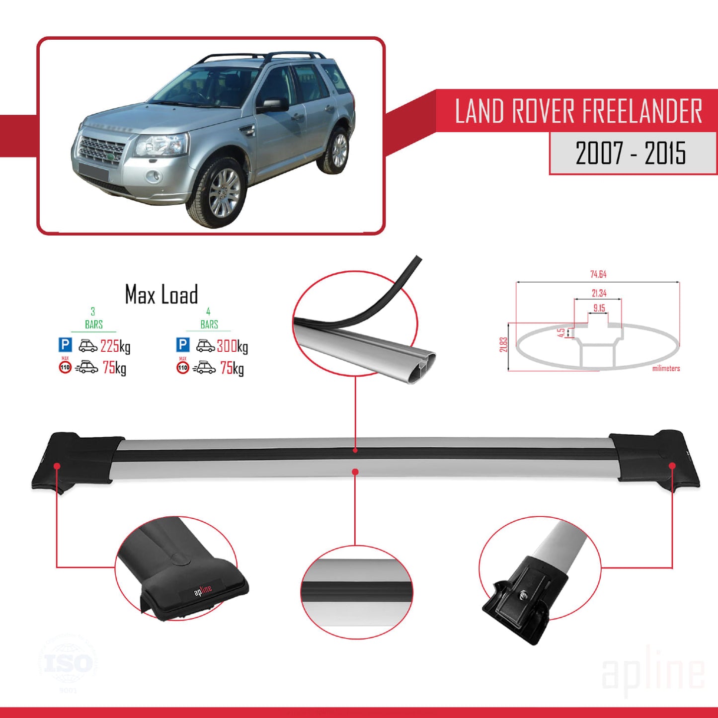 Compatible with Land Rover Freelander 2 (L359) 2007-2015 FLY Model Car Roof Rack Cross Bar Grey Aluminium 3 Bars