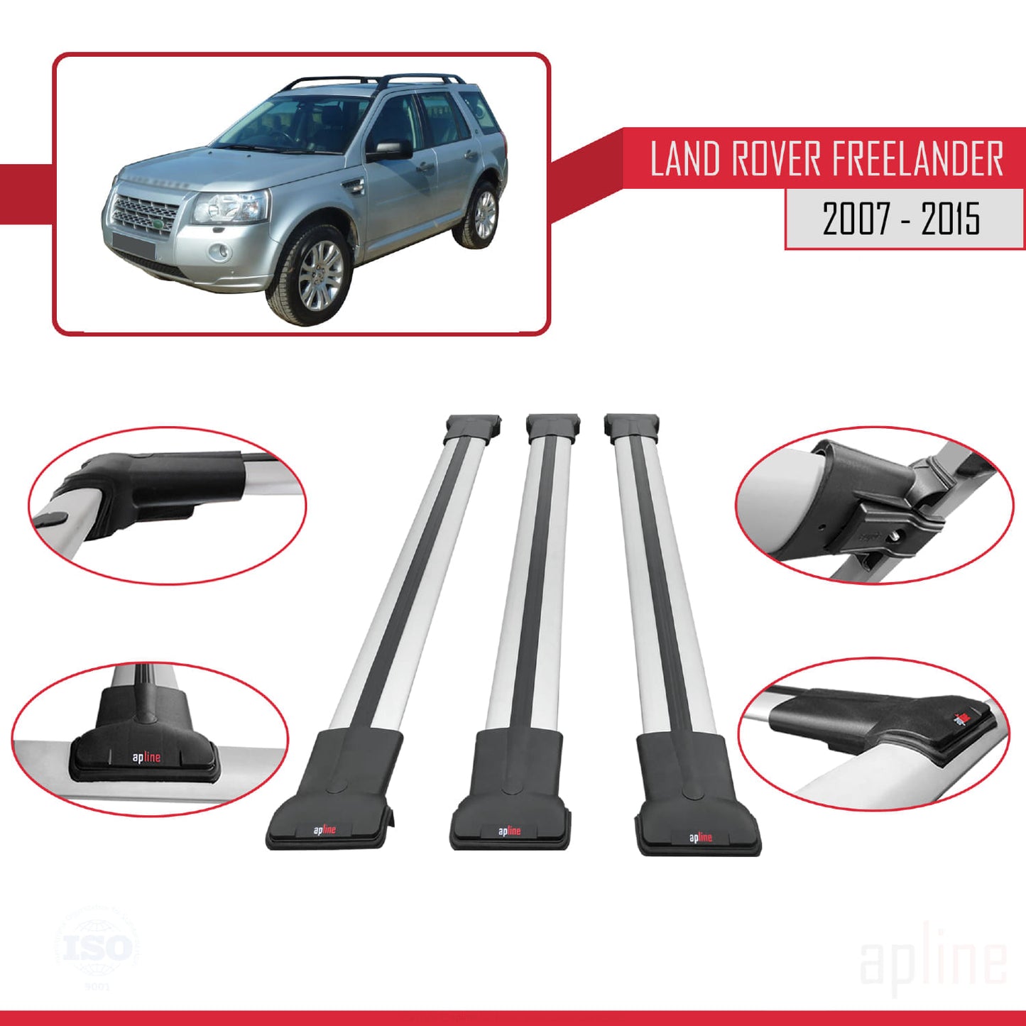 Compatible with Land Rover Freelander 2 (L359) 2007-2015 FLY Model Car Roof Rack Cross Bar Grey Aluminium 3 Bars