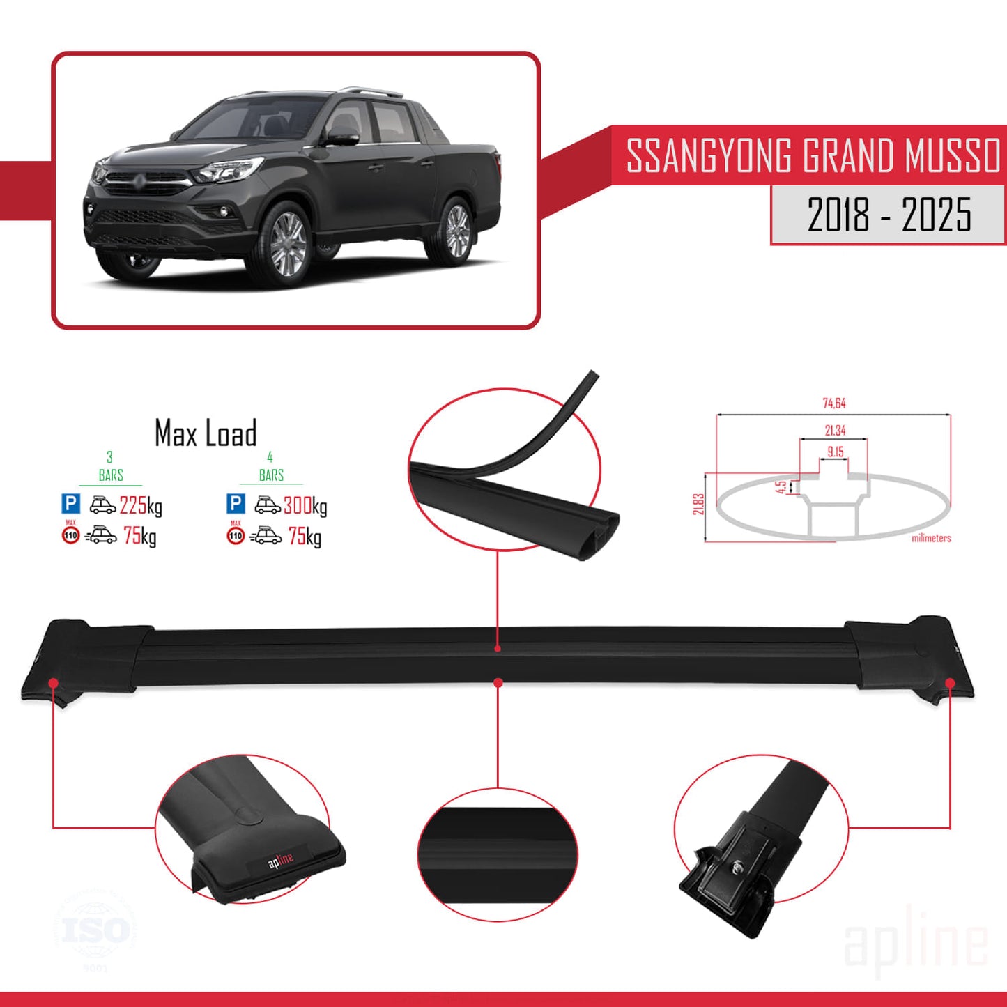 Compatible with Ssangyong Grand Musso 2018-2025 FLY Model Car Roof Rack Cross Bar Black Aluminium 3 Bars