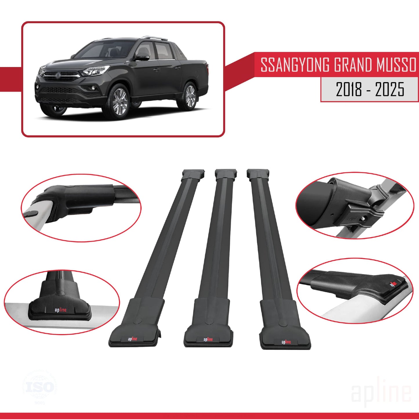 Compatible with Ssangyong Grand Musso 2018-2025 FLY Model Car Roof Rack Cross Bar Black Aluminium 3 Bars