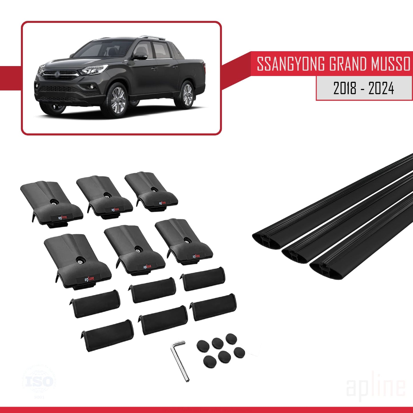 Compatible with Ssangyong Grand Musso 2018-2025 FLY Model Car Roof Rack Cross Bar Black Aluminium 3 Bars