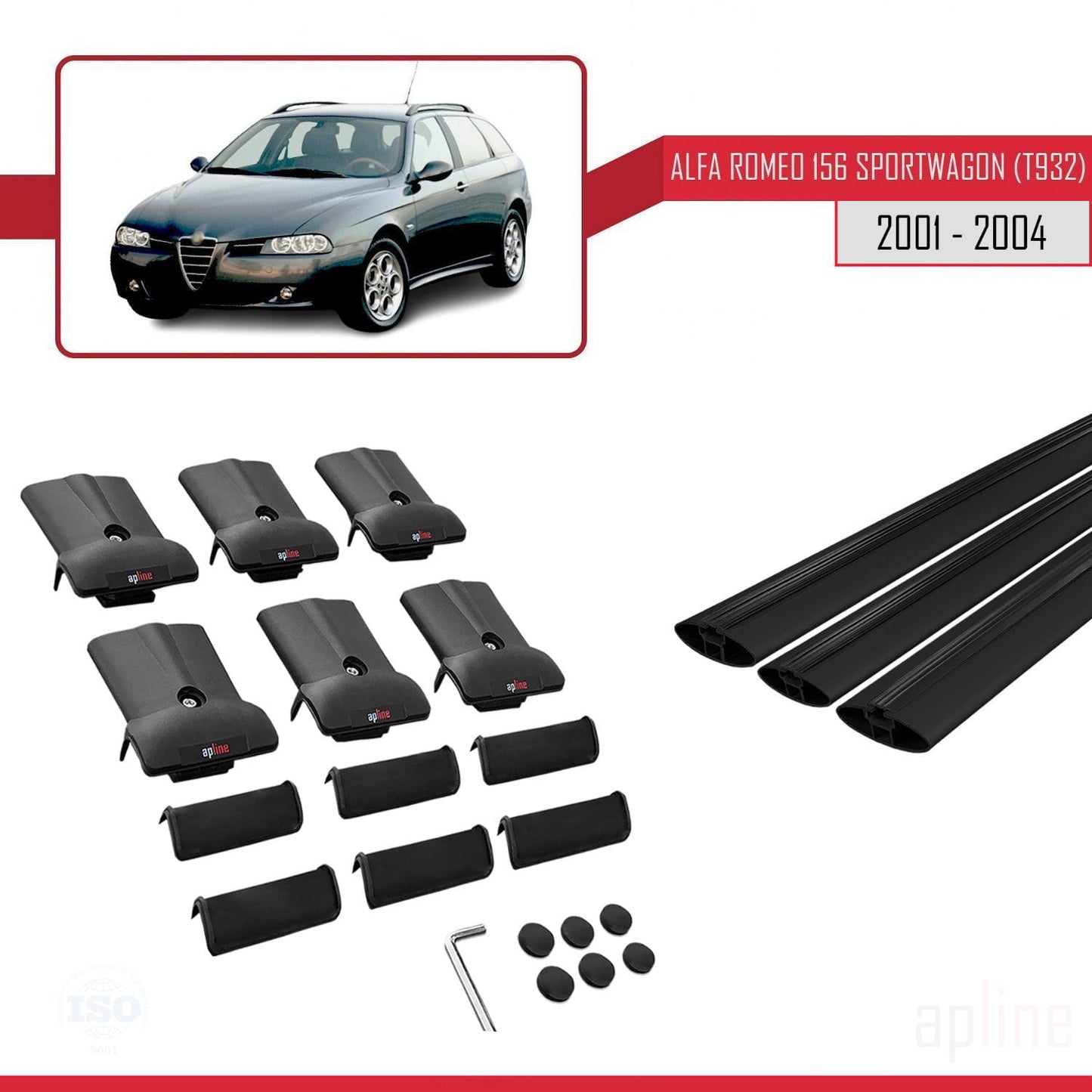 Compatible with Alfa Romeo 156 (T932) SW 2000-2006 FLY Model Car Roof Rack Cross Bar Black Aluminium 3 Bars