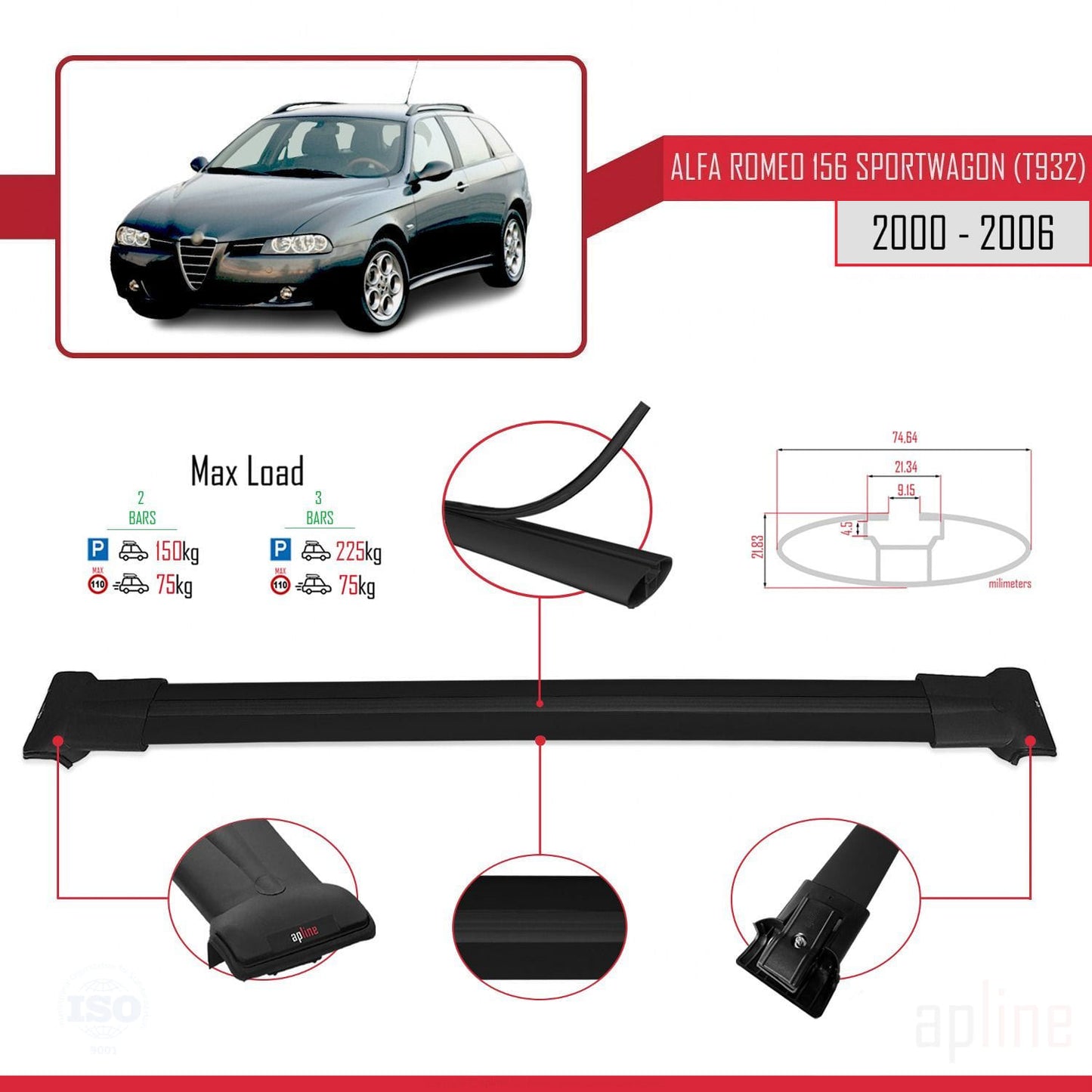 Compatible with Alfa Romeo 156 (T932) SW 2000-2006 FLY Model Car Roof Rack Cross Bar Black Aluminium 2 Bars