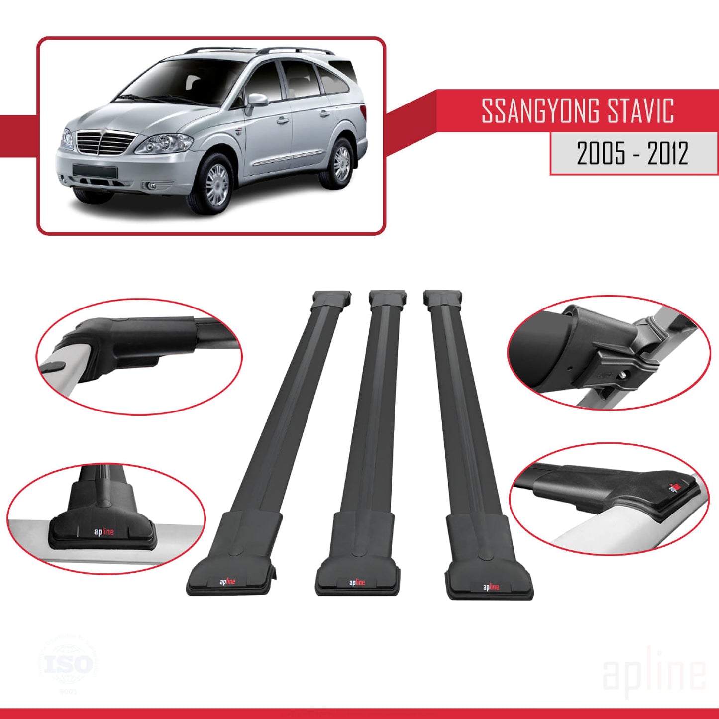 Compatible with Ssangyong Stavic 2005-2012 FLY Model Car Roof Rack Cross Bar Black Aluminium 3 Bars