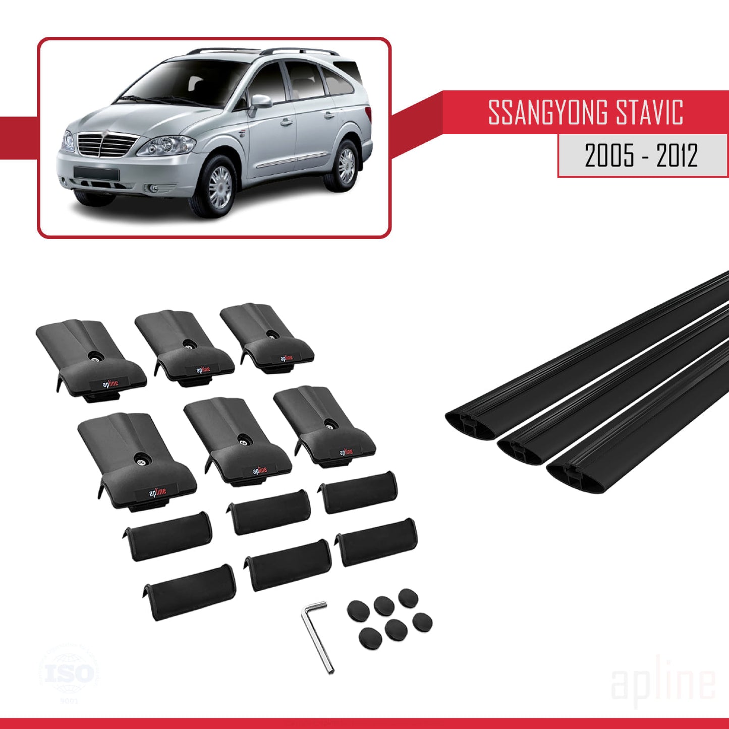 Compatible with Ssangyong Stavic 2005-2012 FLY Model Car Roof Rack Cross Bar Black Aluminium 3 Bars