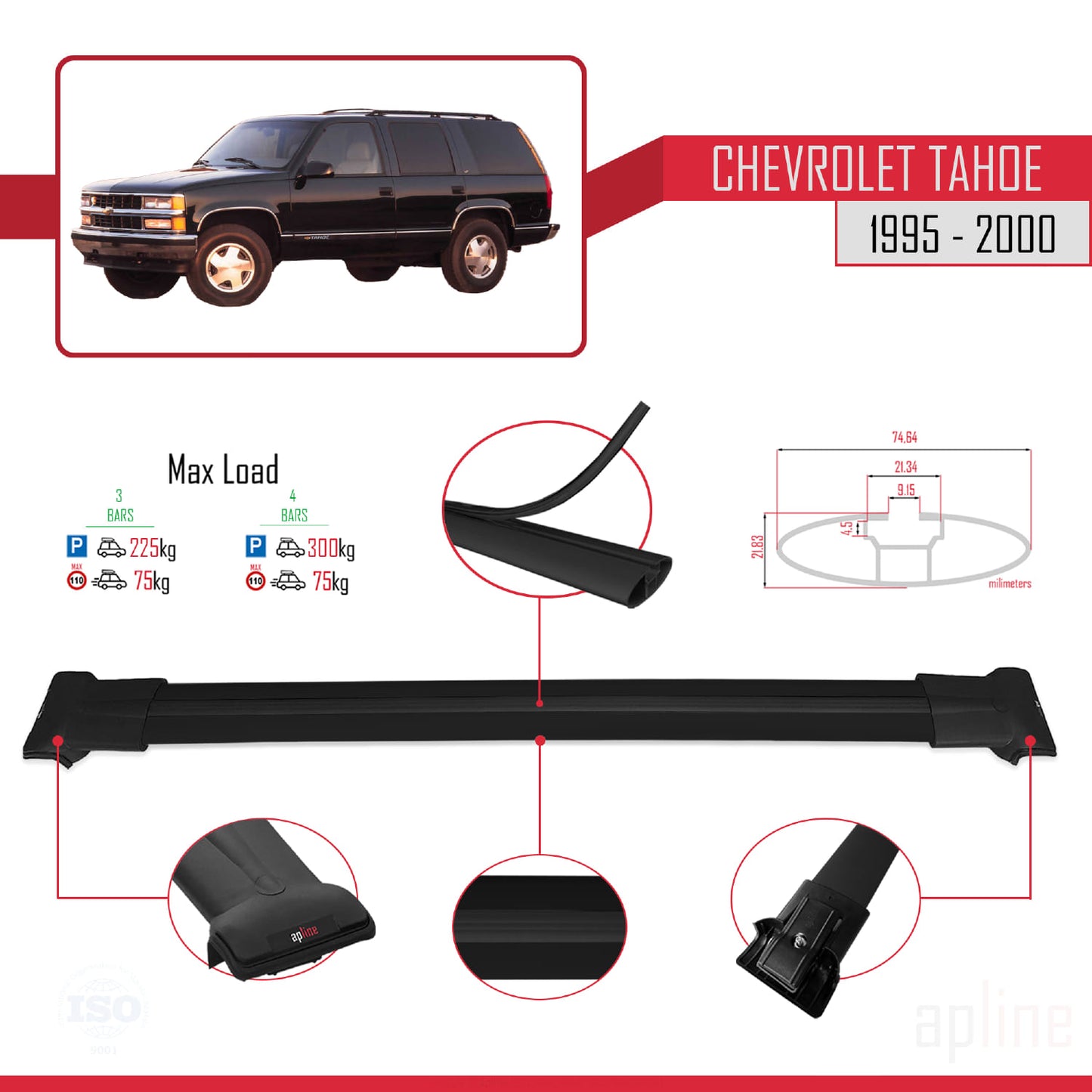 Compatible with Chevrolet Tahoe 1995-2000 FLY Model Car Roof Rack Cross Bar Black Aluminium 3 Bars