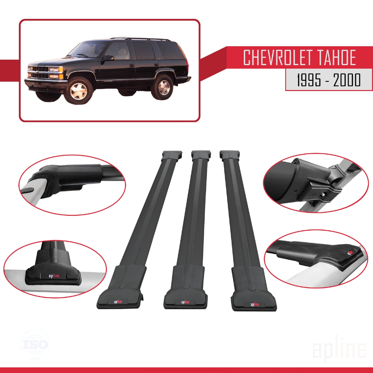 Compatible with Chevrolet Tahoe 1995-2000 FLY Model Car Roof Rack Cross Bar Black Aluminium 3 Bars