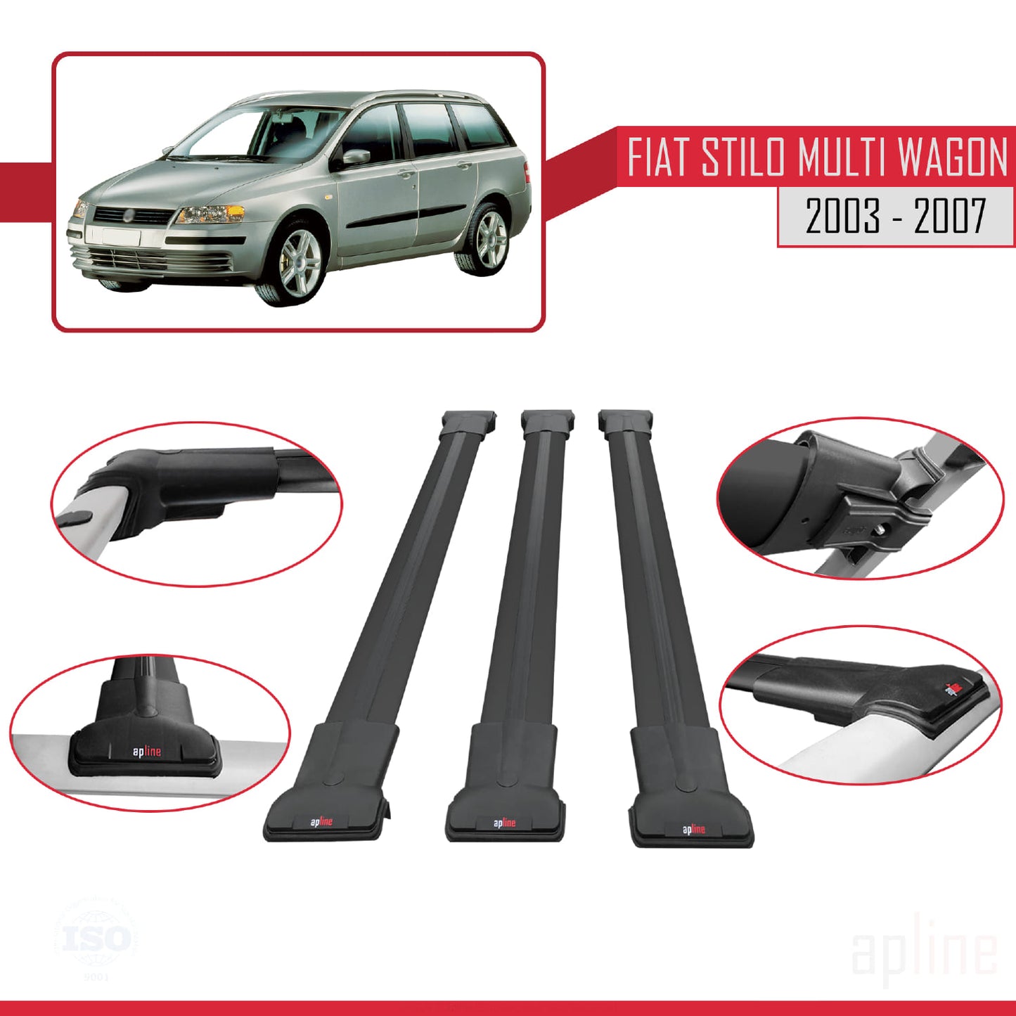 Compatible with Fiat Stilo Multi Wagon 2003-2007 FLY Model Car Roof Rack Cross Bar Black Aluminium 3 Bars
