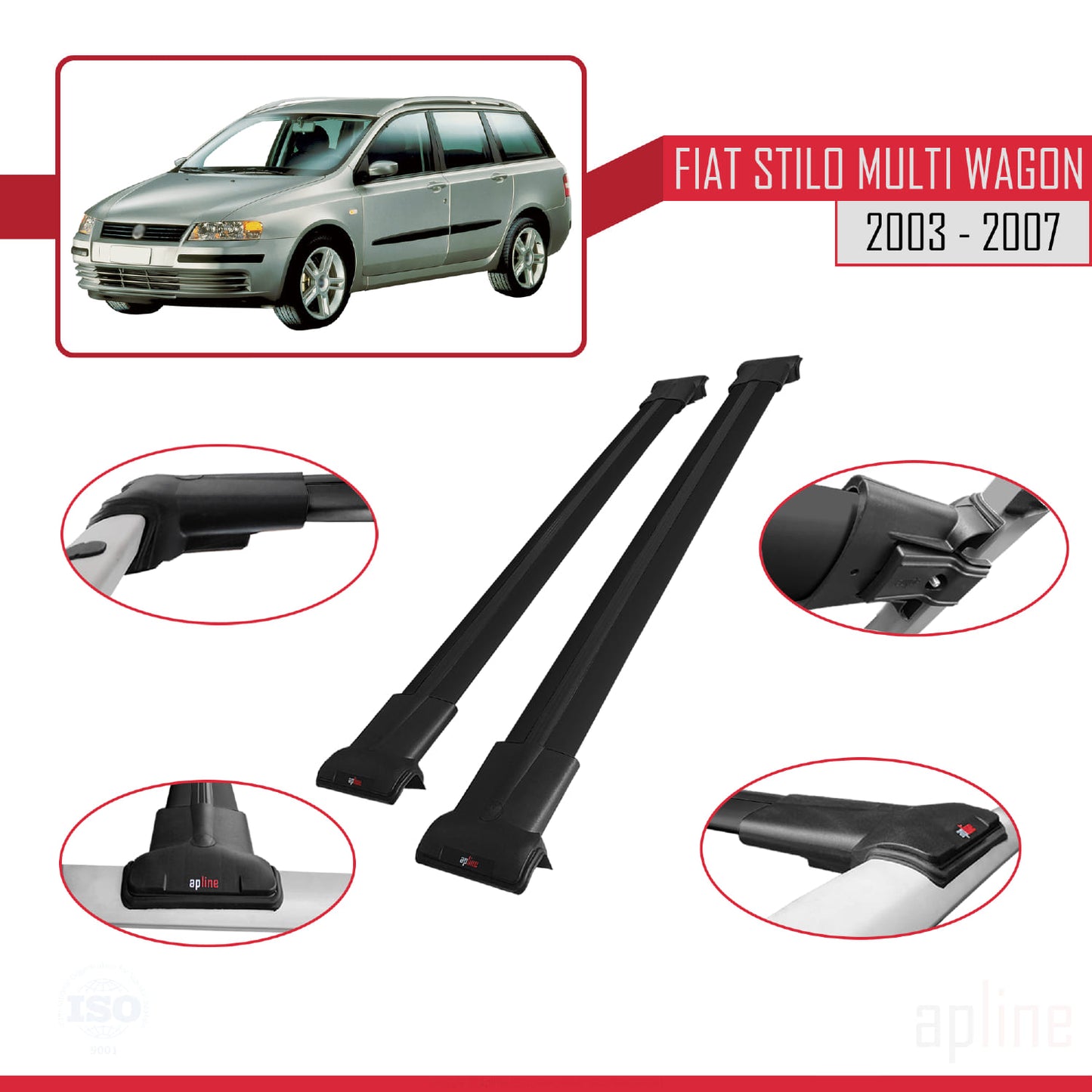 Compatible with Fiat Stilo Multi Wagon 2003-2007 FLY Model Car Roof Rack Cross Bar Black Aluminium 2 Bars