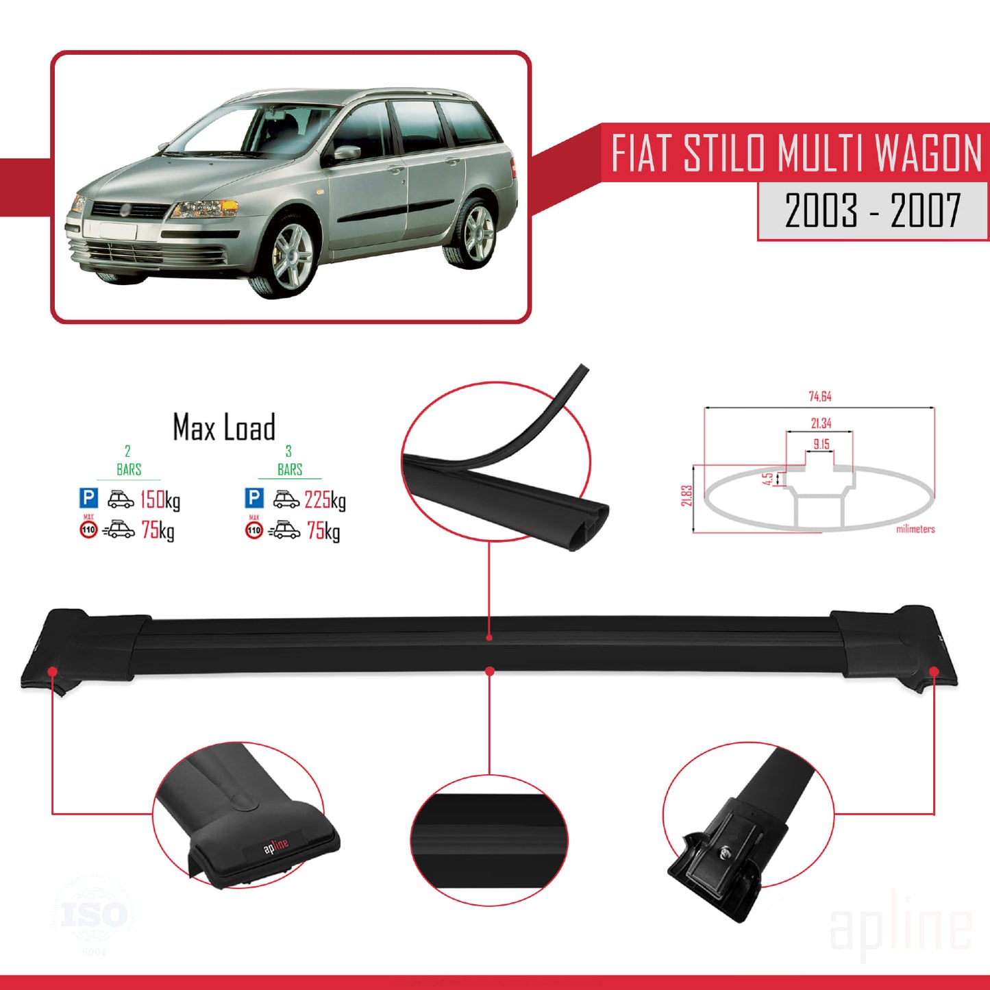 Compatible with Fiat Stilo Multi Wagon 2003-2007 FLY Model Car Roof Rack Cross Bar Black Aluminium 2 Bars