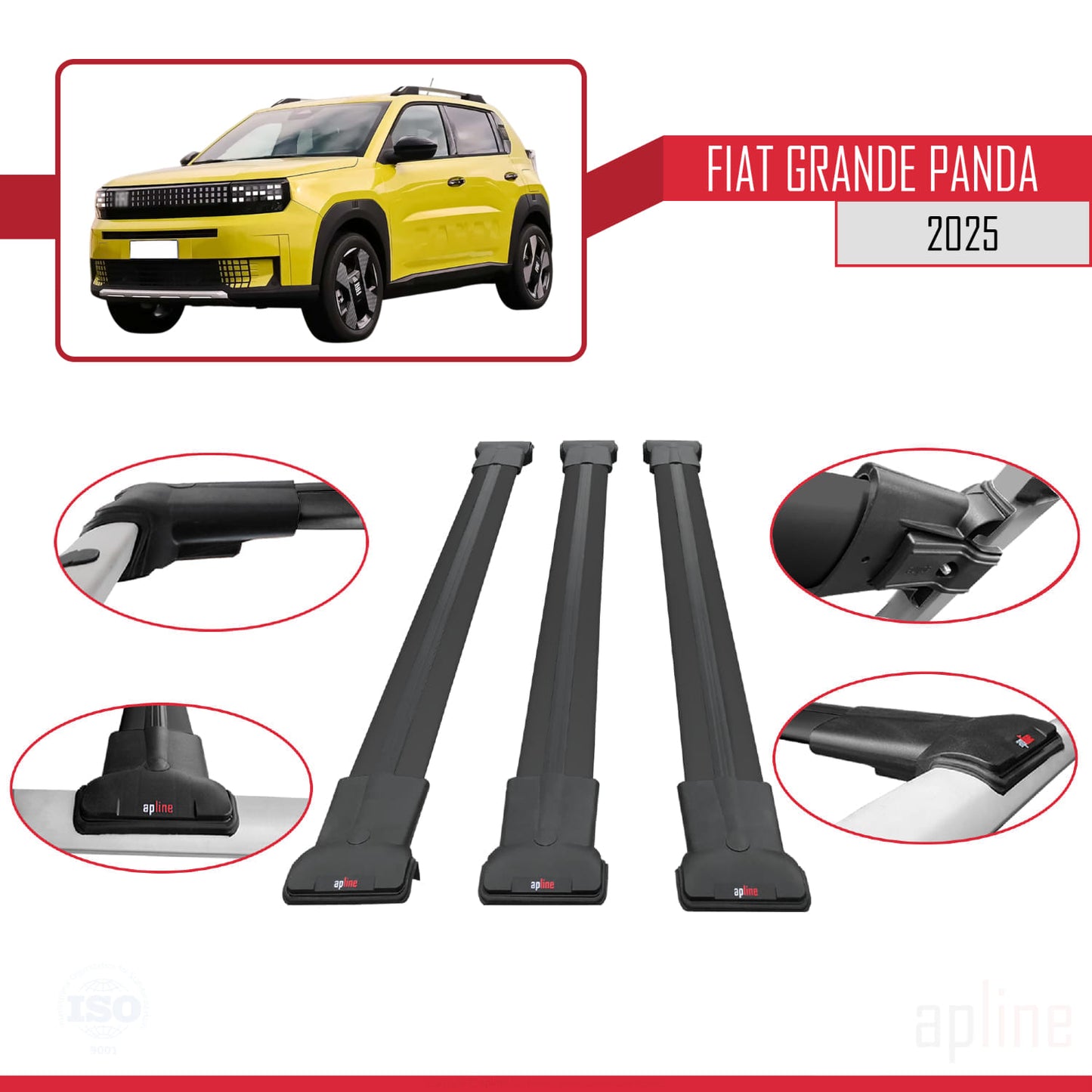 Compatible with Fiat Grande Panda 2025-2025 FLY Model Car Roof Rack Cross Bar Black Aluminium 3 Bars
