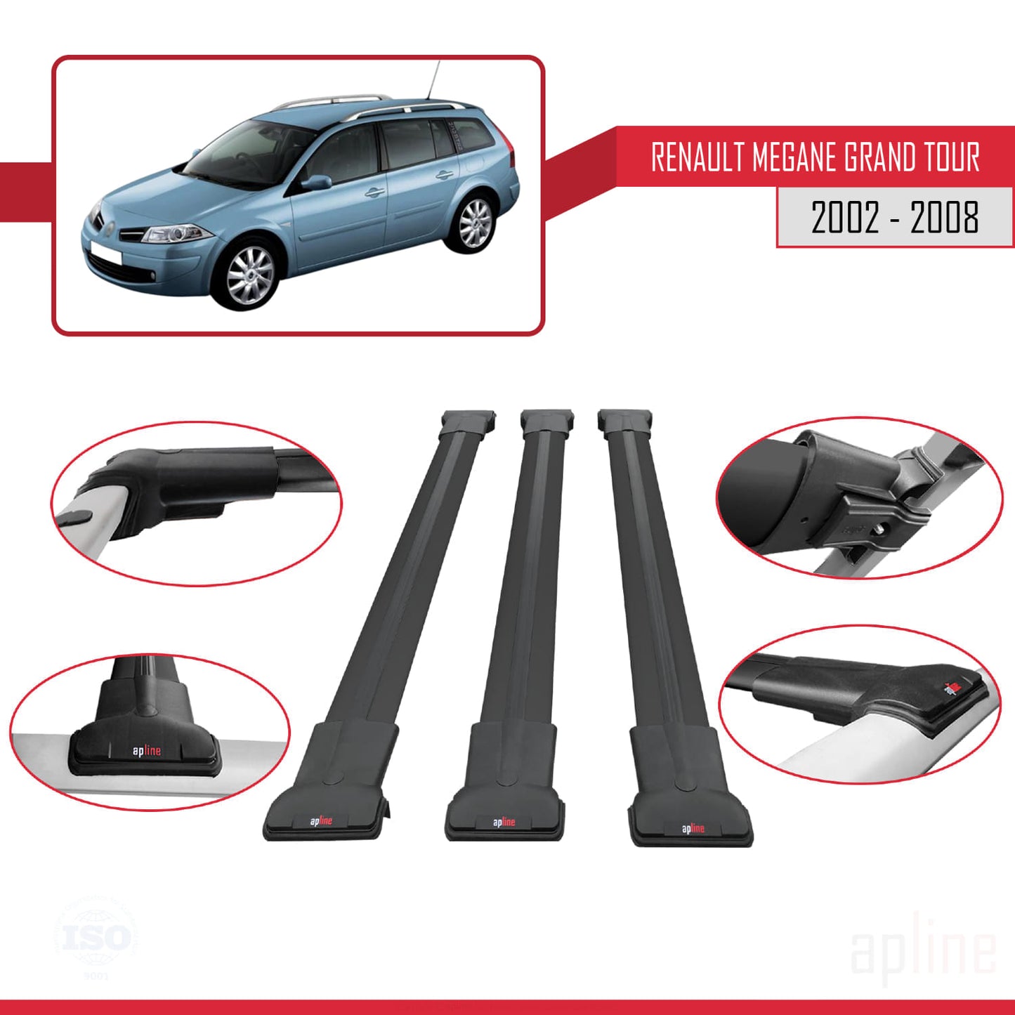Compatible with Renault Megane Grand Tour 2002-2008 FLY Model Car Roof Rack Cross Bar Black Aluminium 3 Bars