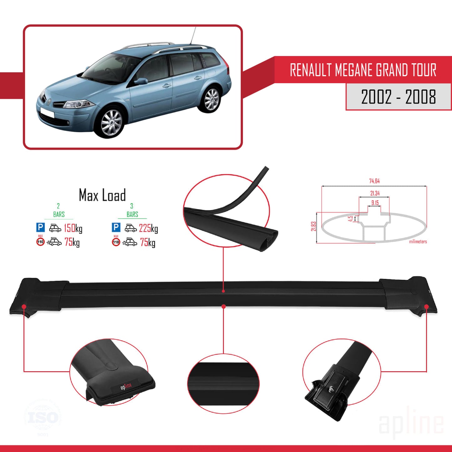 Compatible with Renault Megane Grand Tour 2002-2008 FLY Model Car Roof Rack Cross Bar Black Aluminium 2 Bars