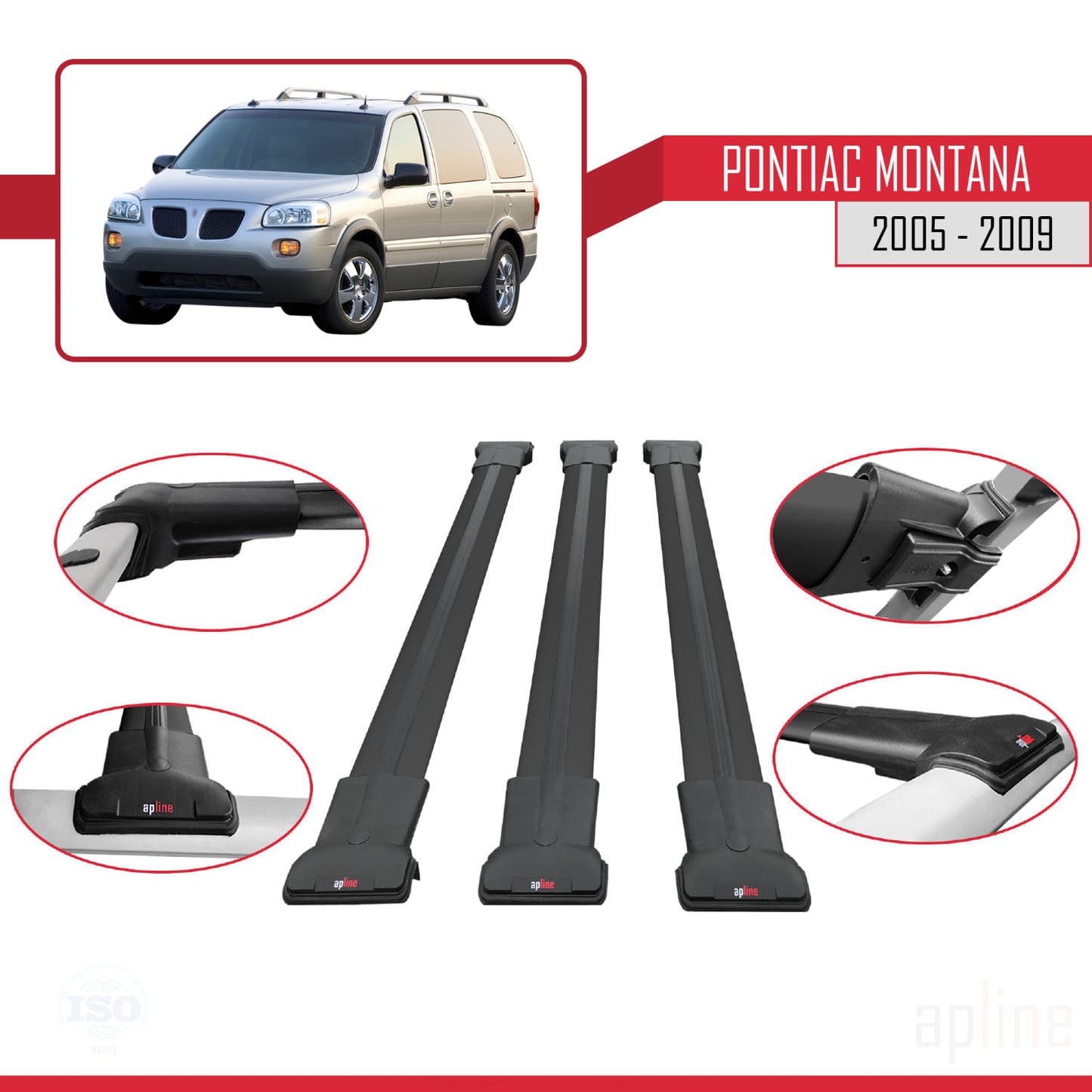 Compatible with Pontiac Montana 2005-2009 FLY Model Car Roof Rack Cross Bar Black Aluminium 3 Bars